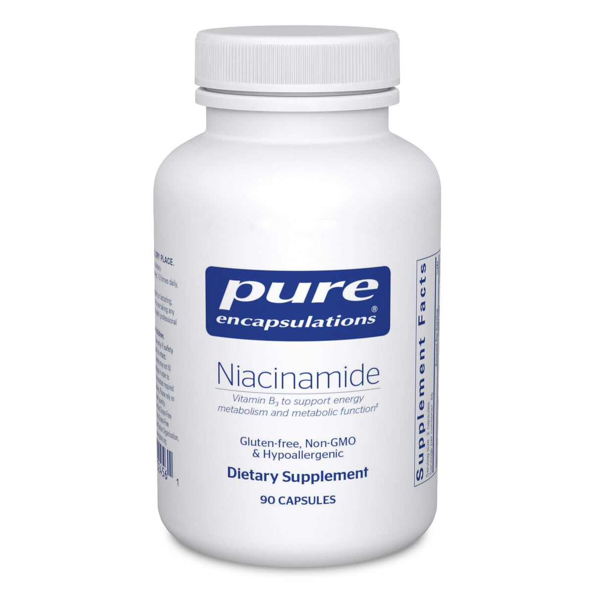 Pure Encapsulations envase frontal de Niacinamide mostrando diseño y beneficio