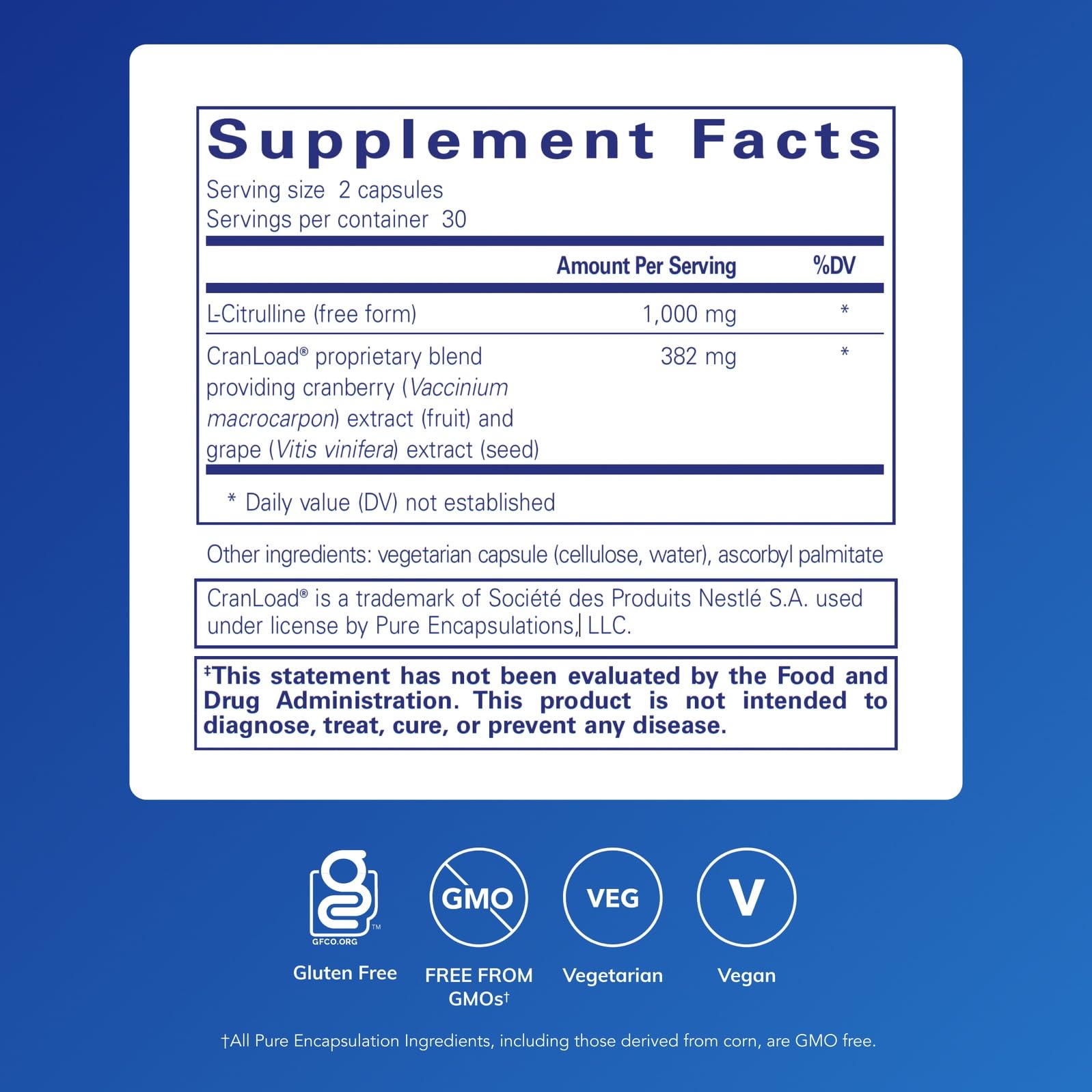 Pure Encapsulations vista lateral del frasco que destaca ingredientes limpios