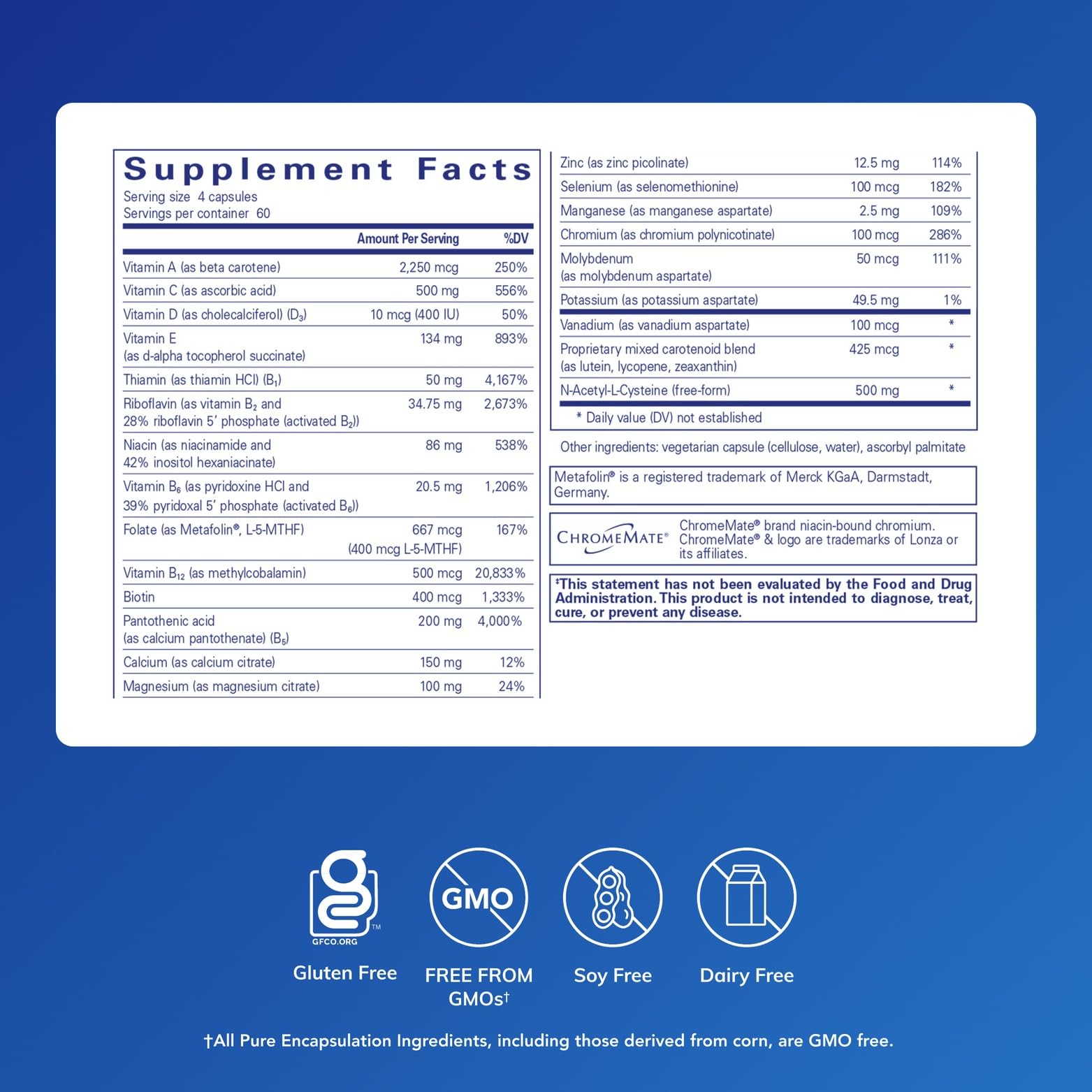 Pure Encapsulations etiqueta detallada con información de ingredientes y pureza