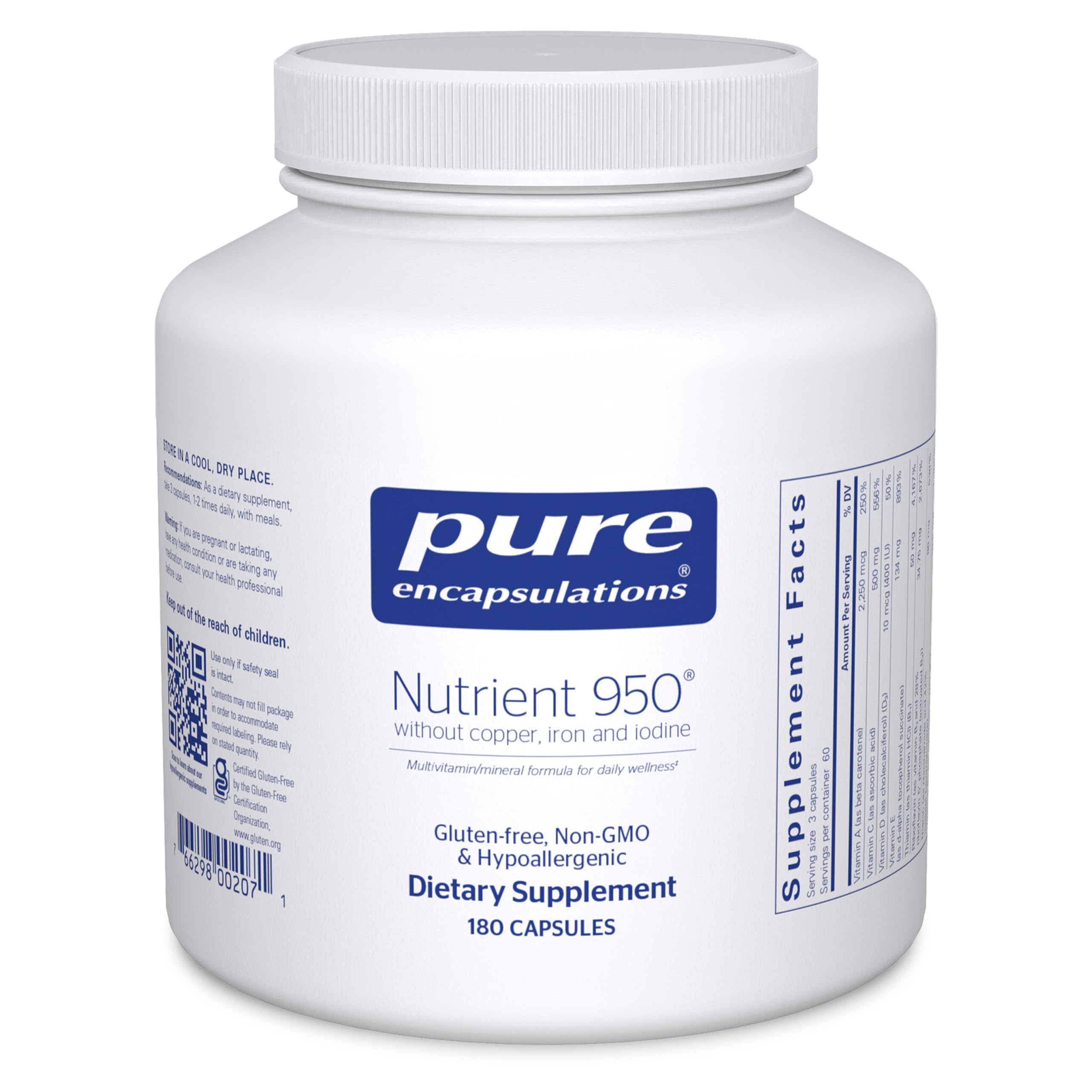 Pure Encapsulations envase frontal mostrando 180 cápsulas y pureza