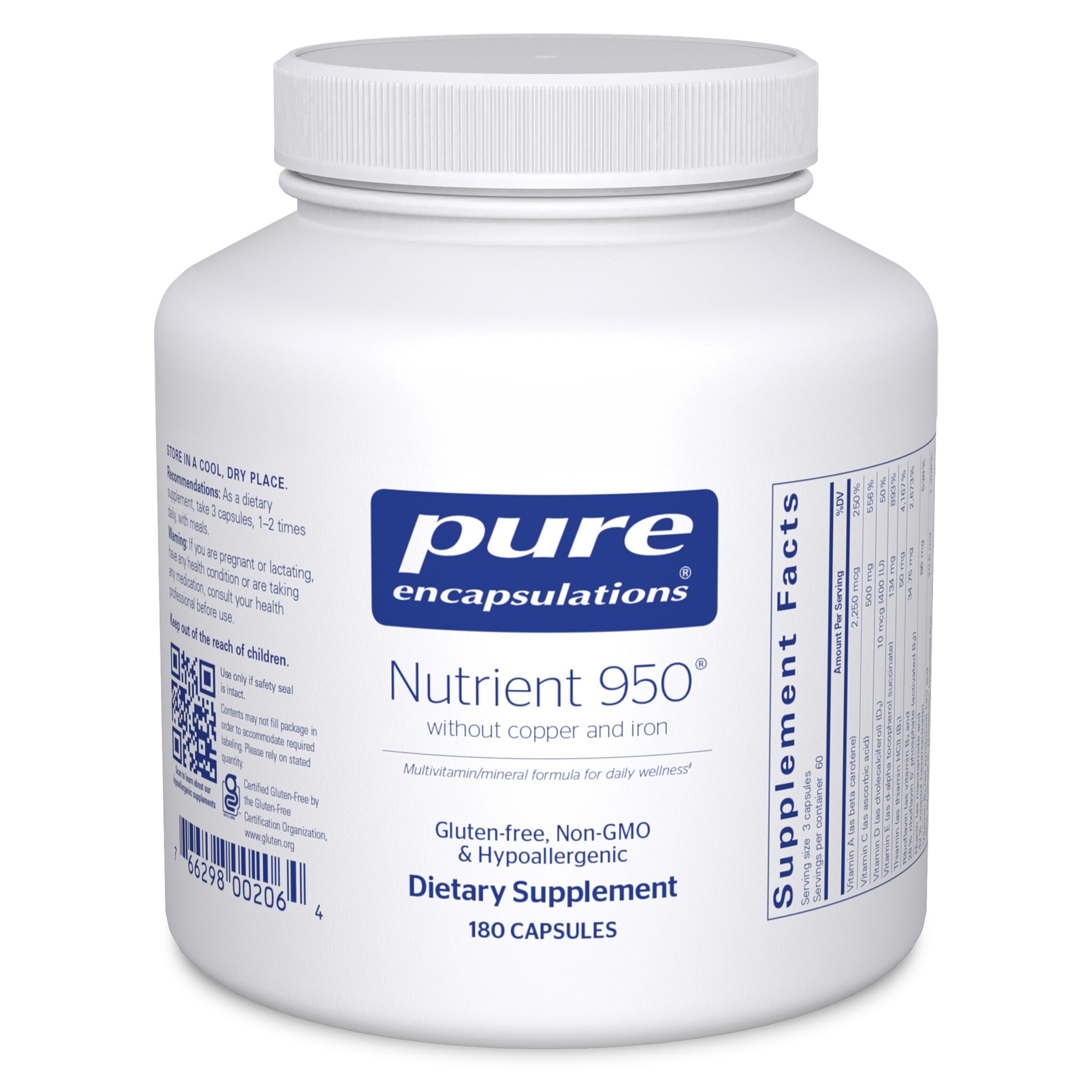 Pure Encapsulations frasco frontal mostrando etiqueta clara y beneficio de pureza