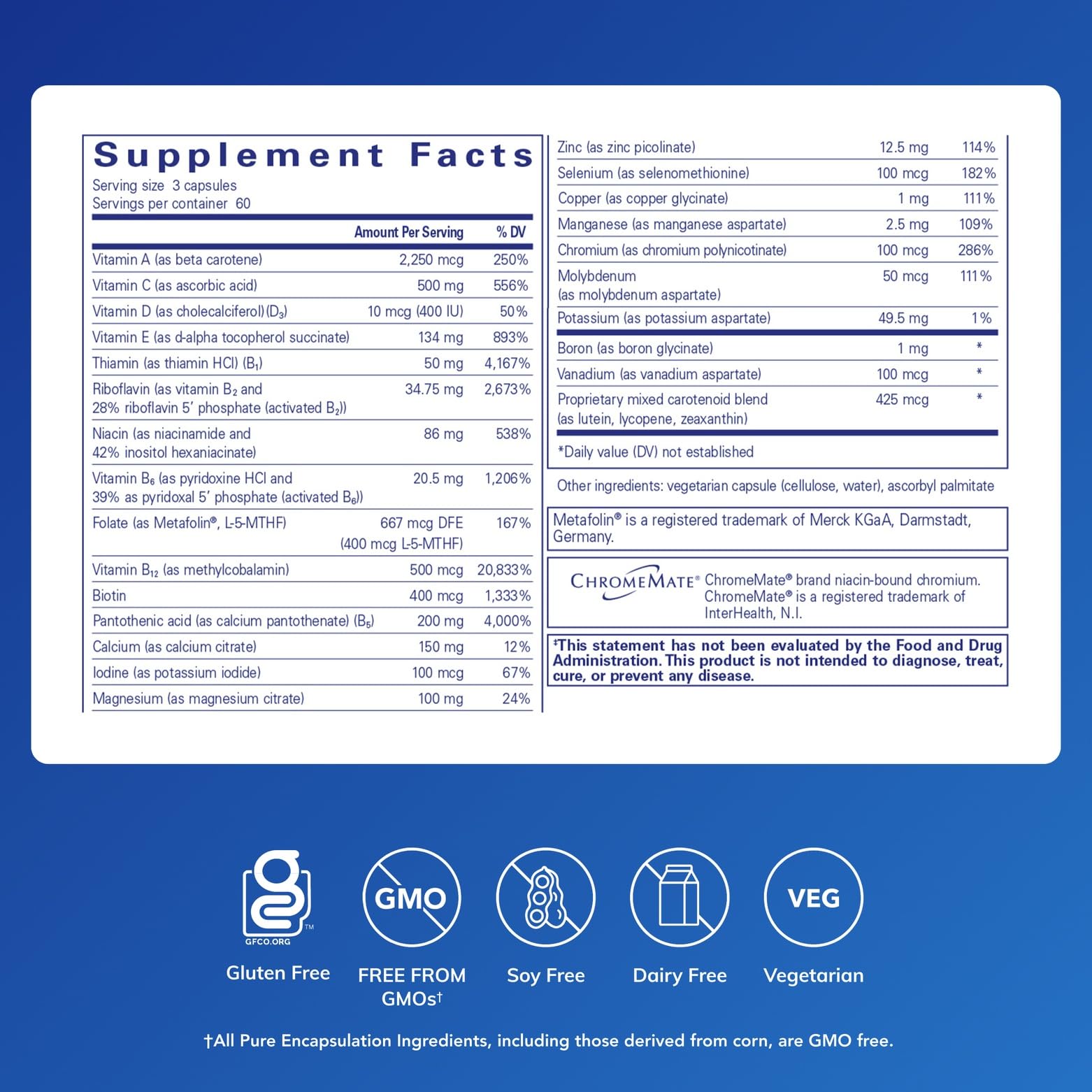 Pure Encapsulations etiqueta lateral con información nutricional y ingredientes