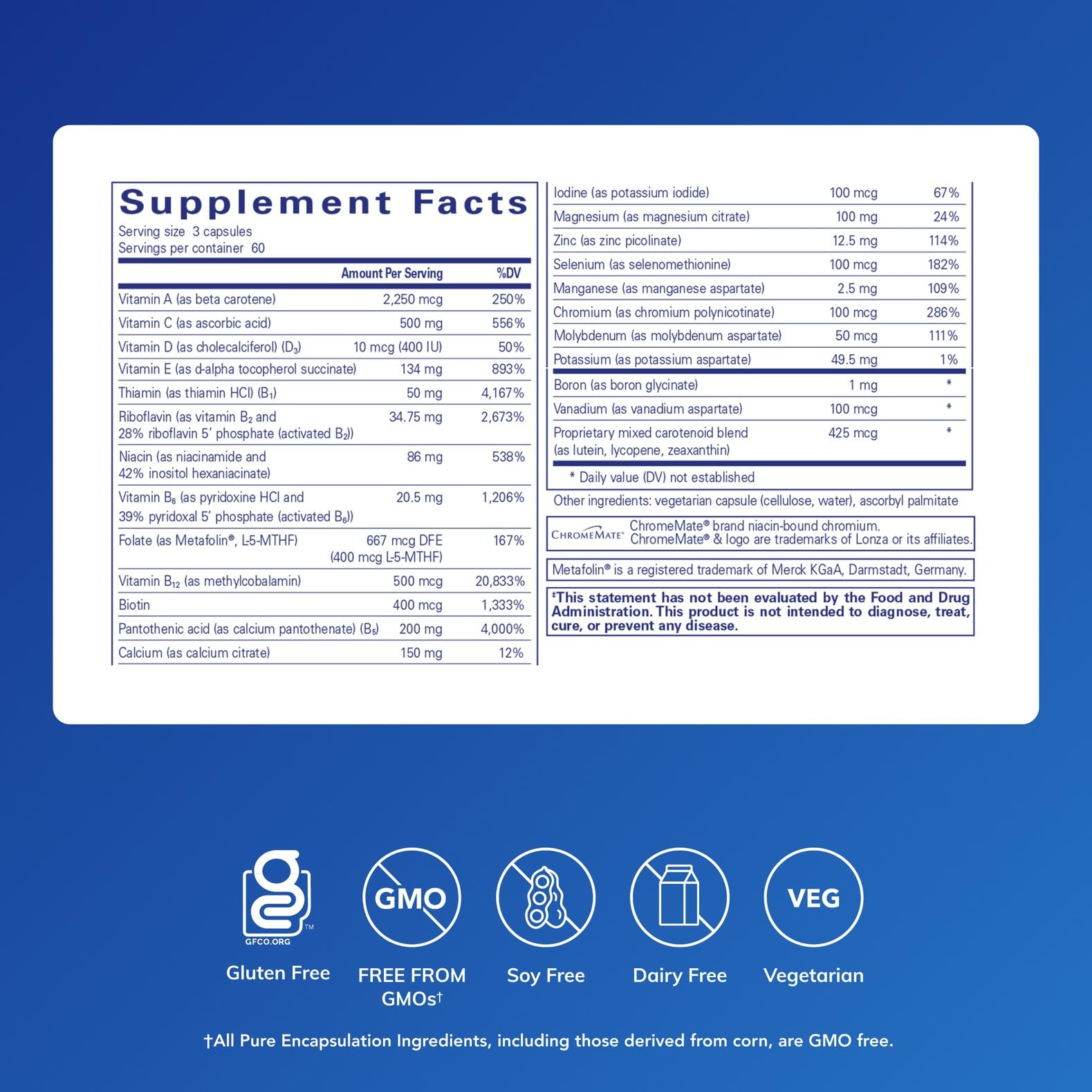Pure Encapsulations tapa y etiqueta destacando formulación hipoalergénica y sin alérgenos