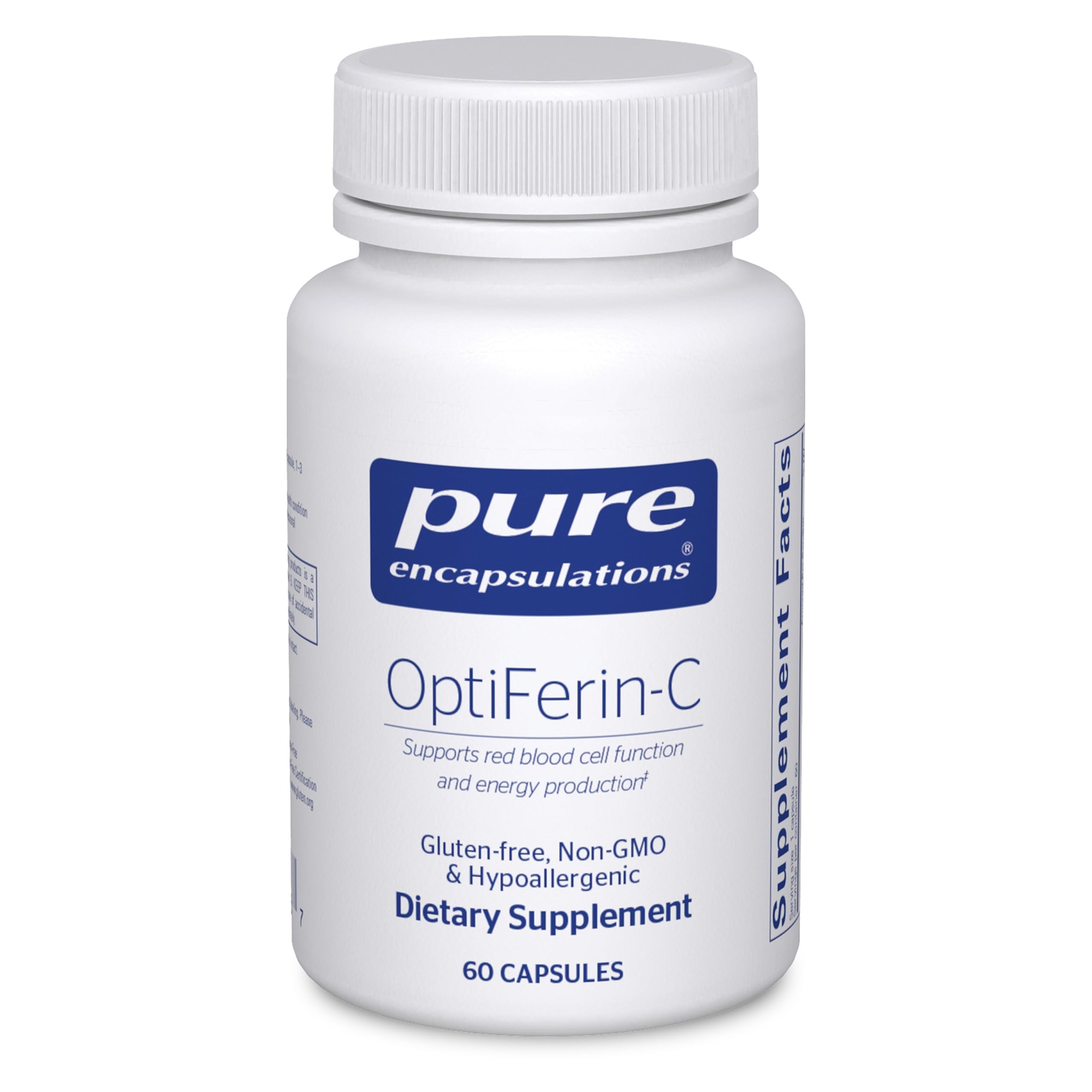 Pure Encapsulations envase frontal mostrando OptiFerin‑C beneficios de calidad