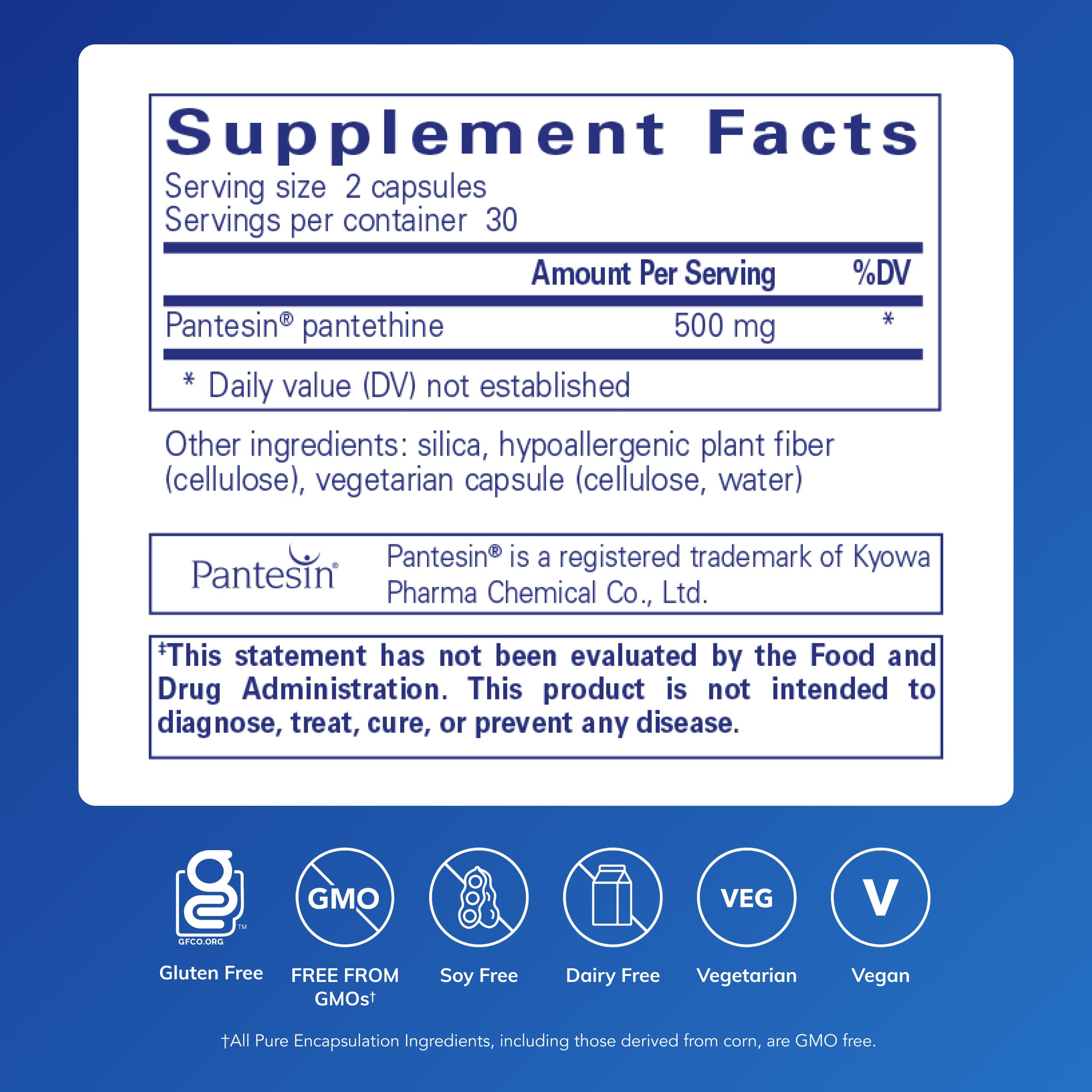 Pure Encapsulations etiqueta lateral con ingredientes y pureza — confianza informada