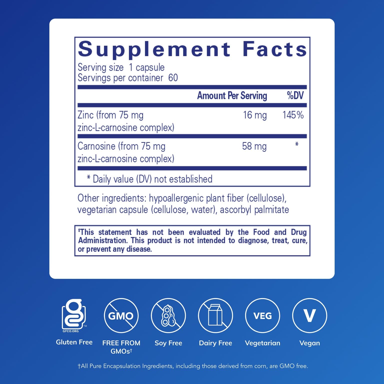 Pure Encapsulations Peptic‑Care etiqueta lateral con detalles de ingredientes y pureza