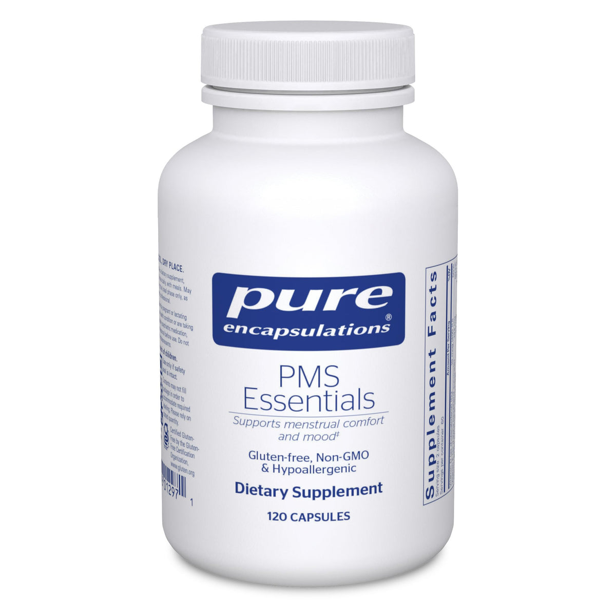 Pure Encapsulations frasco frontal del suplemento PMS Essentials mostrando presentación de 120 cápsulas y beneficio de soporte menstrual