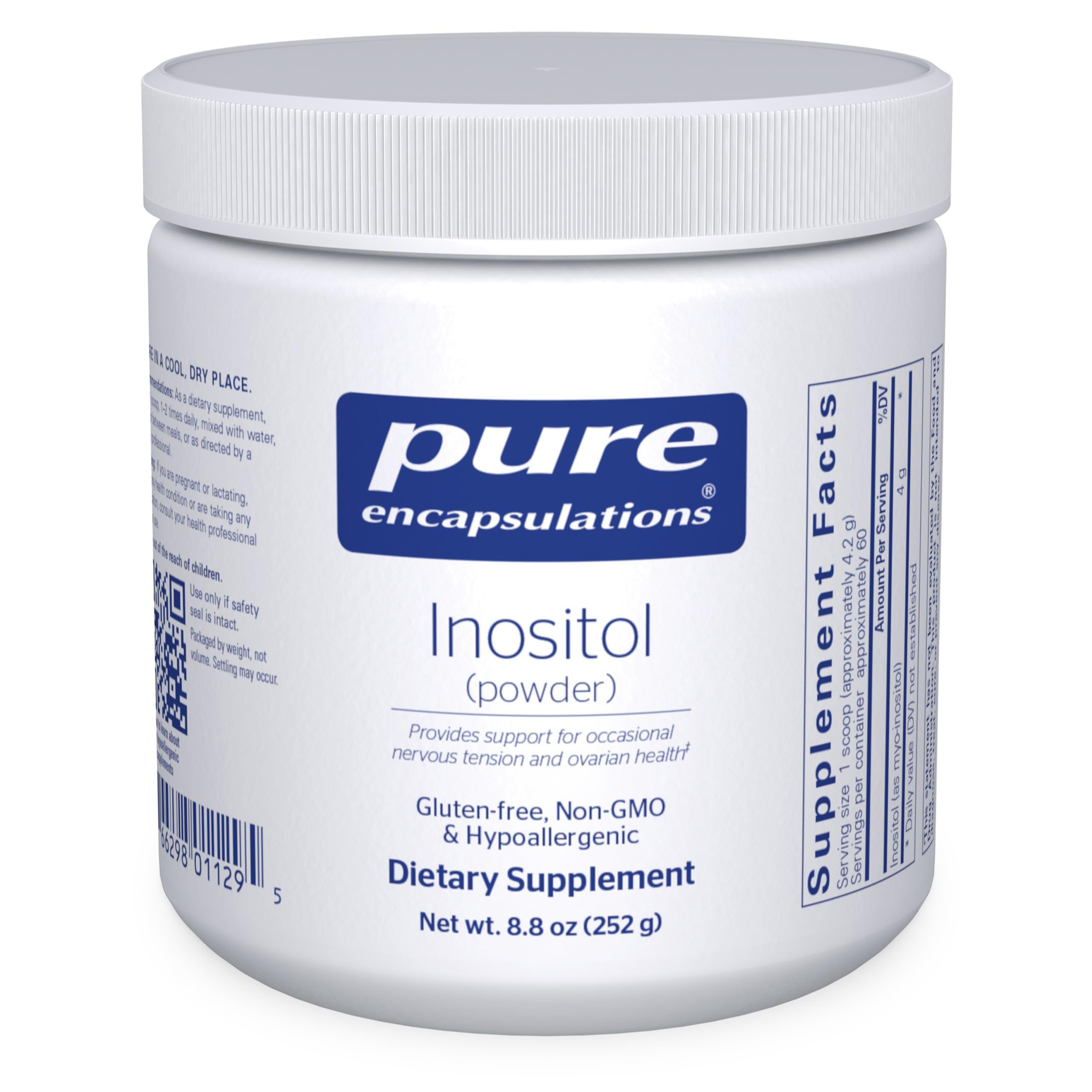 Pure Encapsulations envase frontal del polvo, claridad de ingredientes y uso seguro