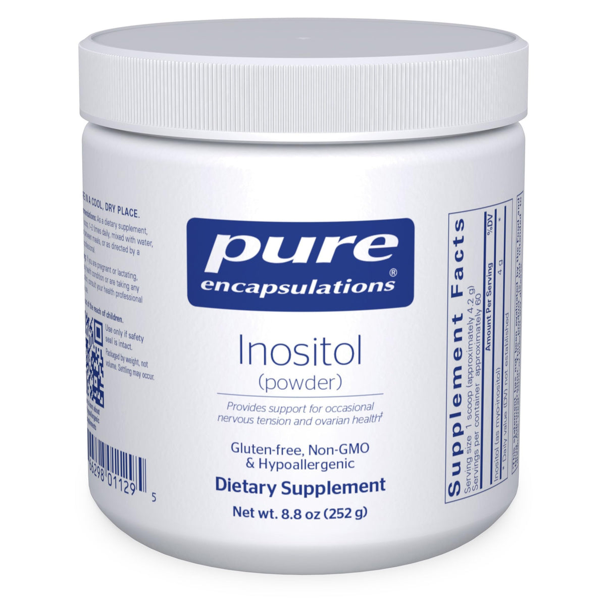 Pure Encapsulations envase frontal del polvo, claridad de ingredientes y uso seguro