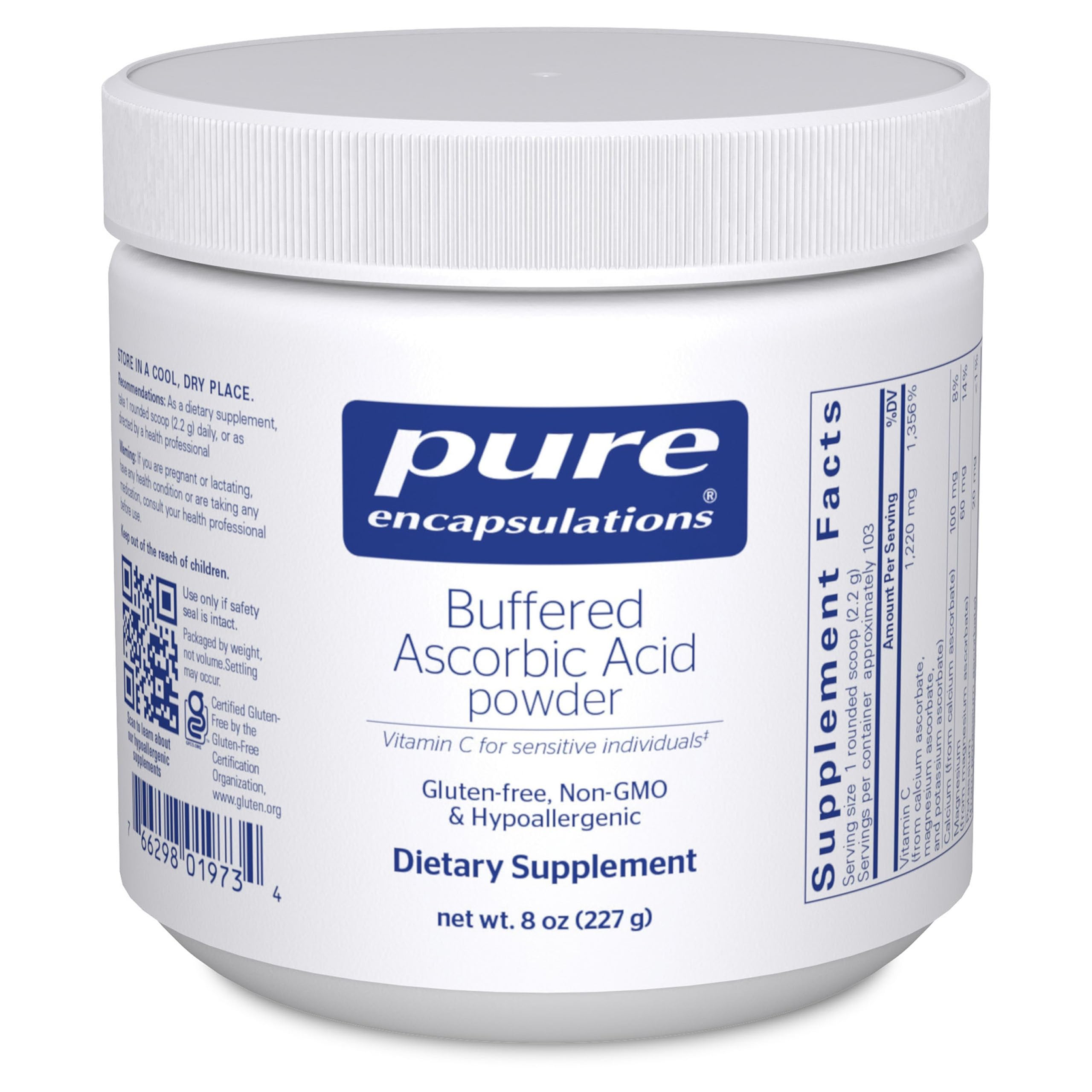 Pure Encapsulations envase frontal del polvo y diseño claro, fácil identificación