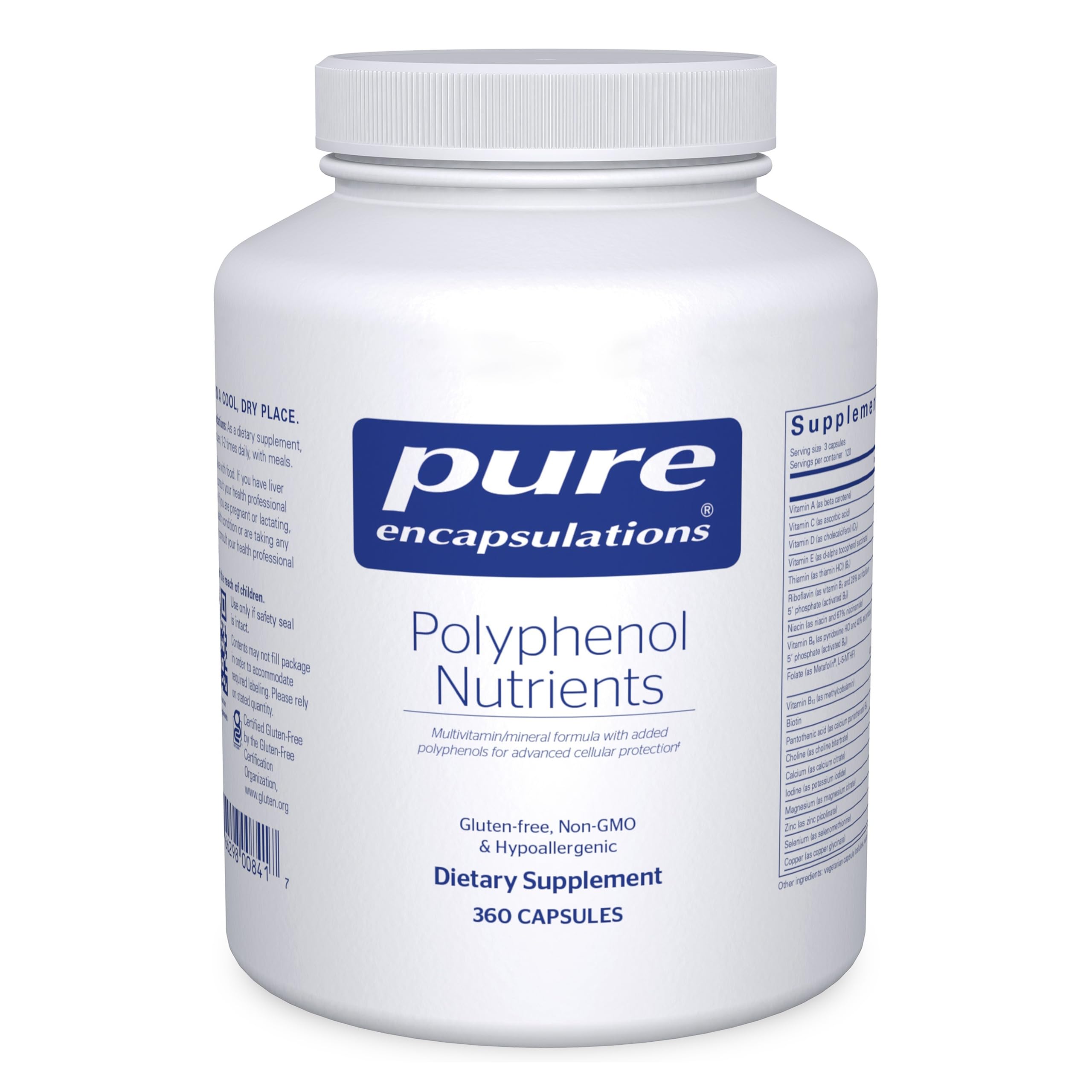 Pure Encapsulations vista frontal del envase mostrando 360 cápsulas y etiqueta clara