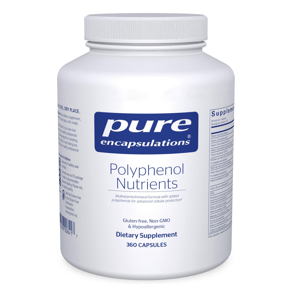 Pure Encapsulations vista frontal del envase mostrando 360 cápsulas y etiqueta clara