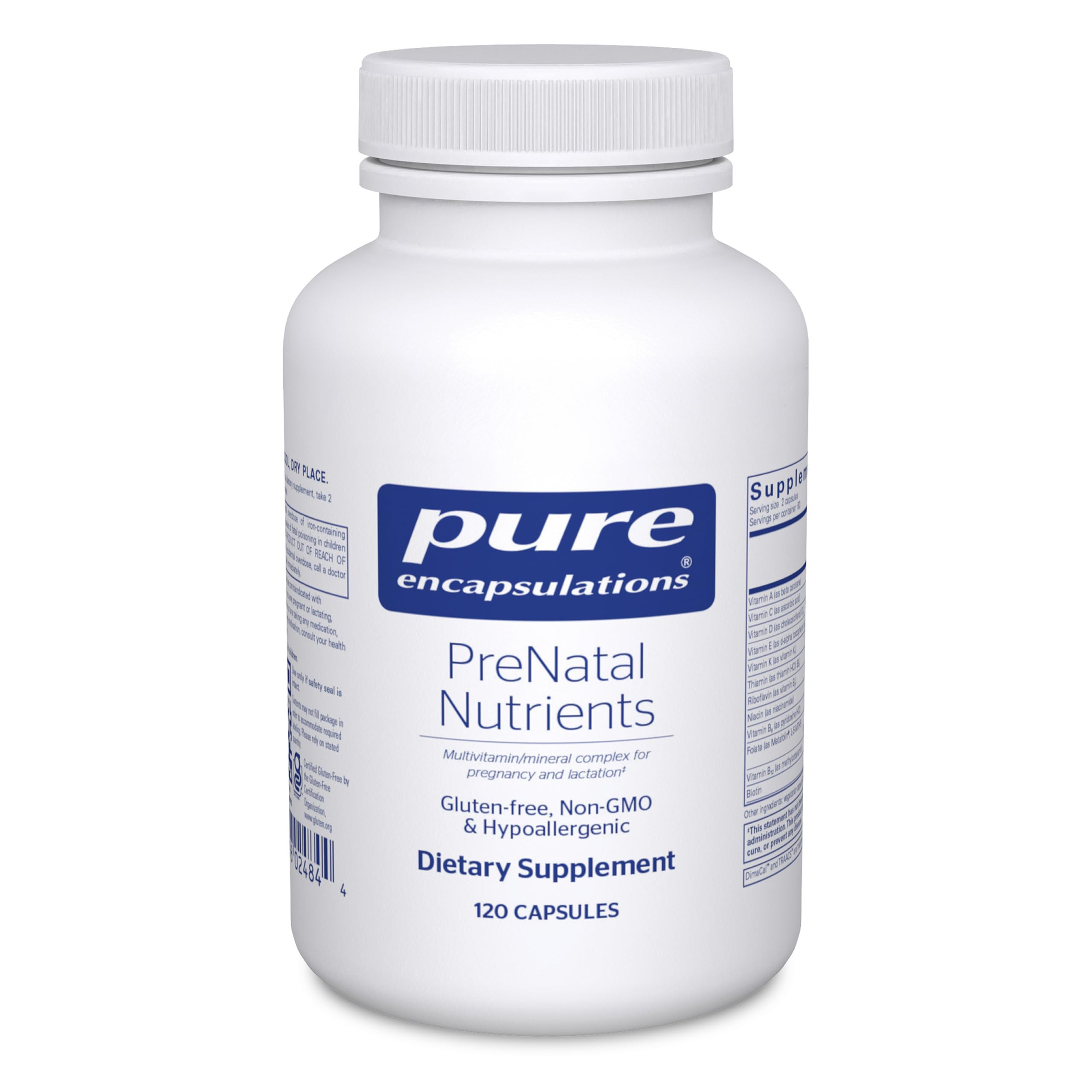 Pure Encapsulations frasco frontal mostrando el suplemento prenatal y claridad de calidad