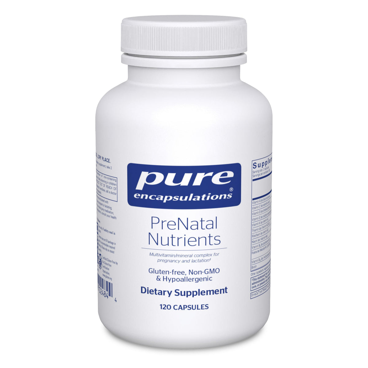Pure Encapsulations frasco frontal mostrando el suplemento prenatal y claridad de calidad