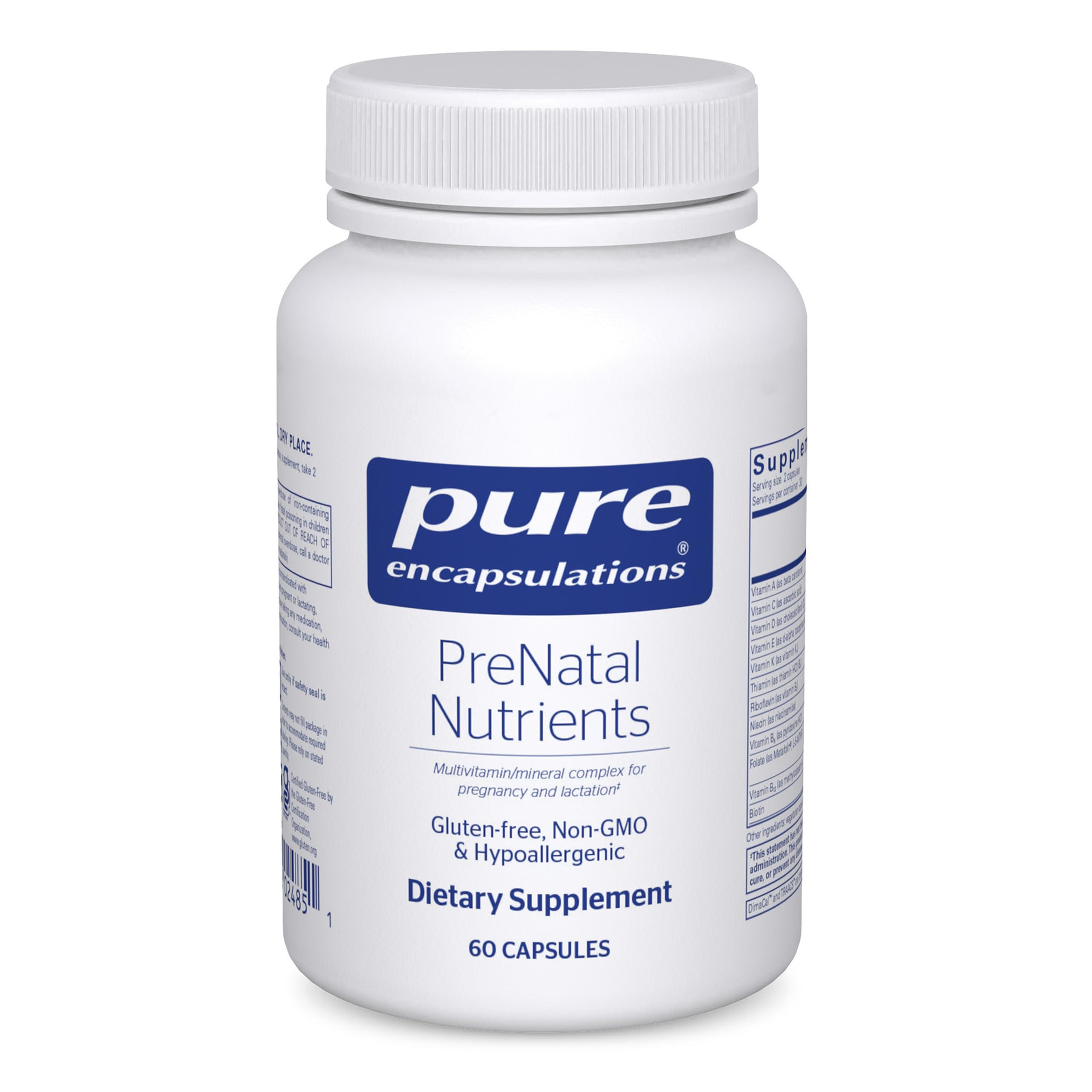 Pure Encapsulations botella frontal clara mostrando el sello de pureza y beneficios