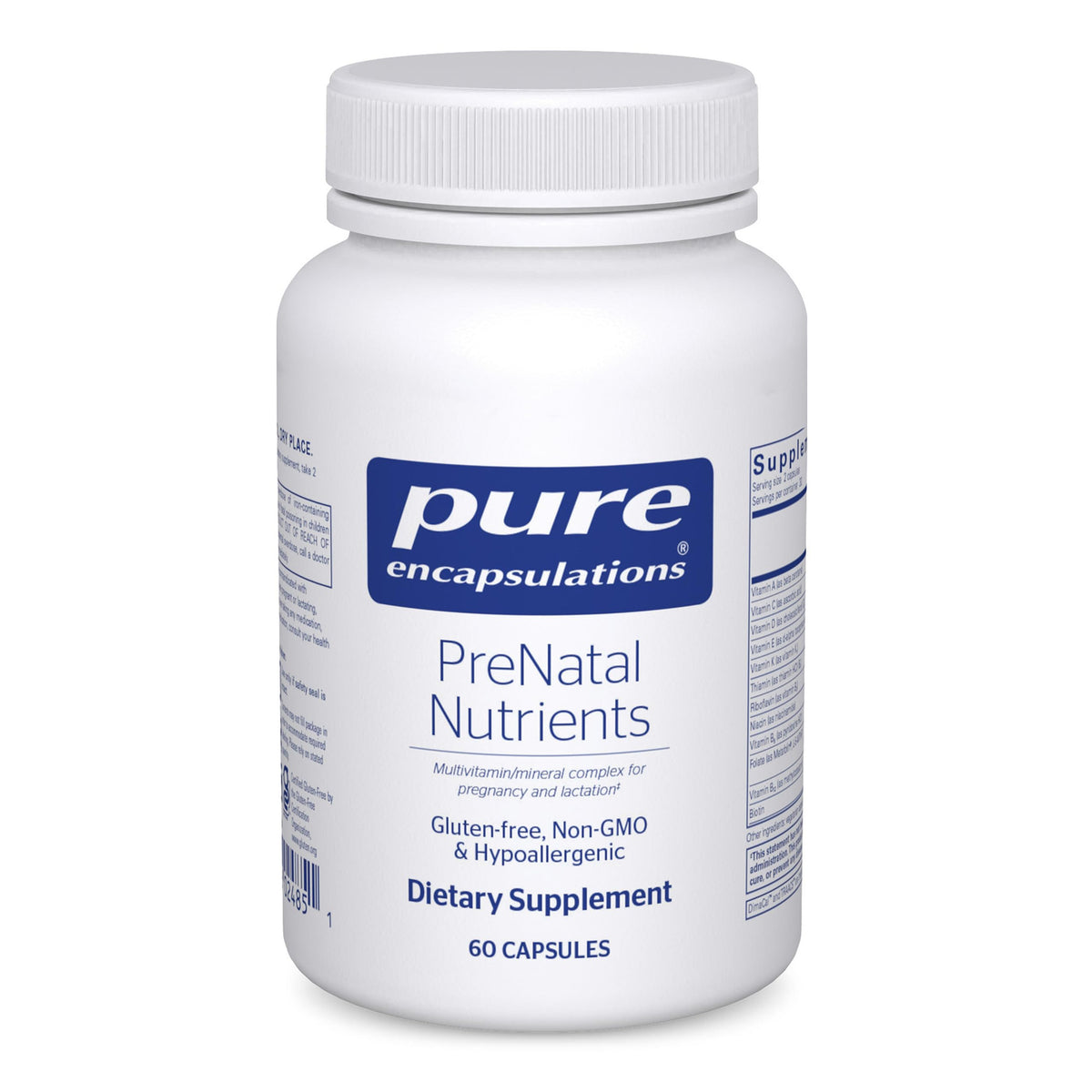 Pure Encapsulations botella frontal clara mostrando el sello de pureza y beneficios