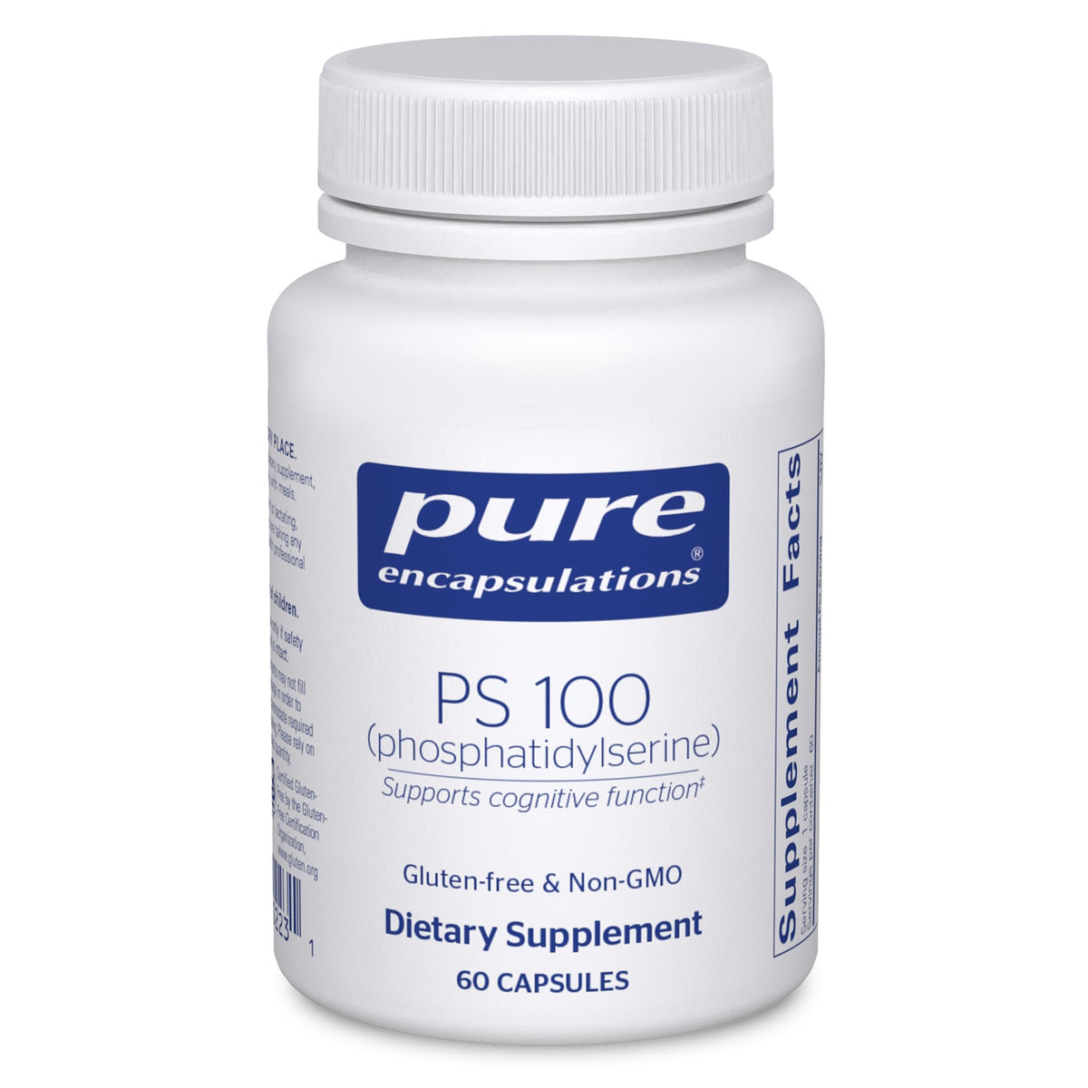Pure Encapsulations frasco frente mostrando 60 cápsulas y pureza del nutriente
