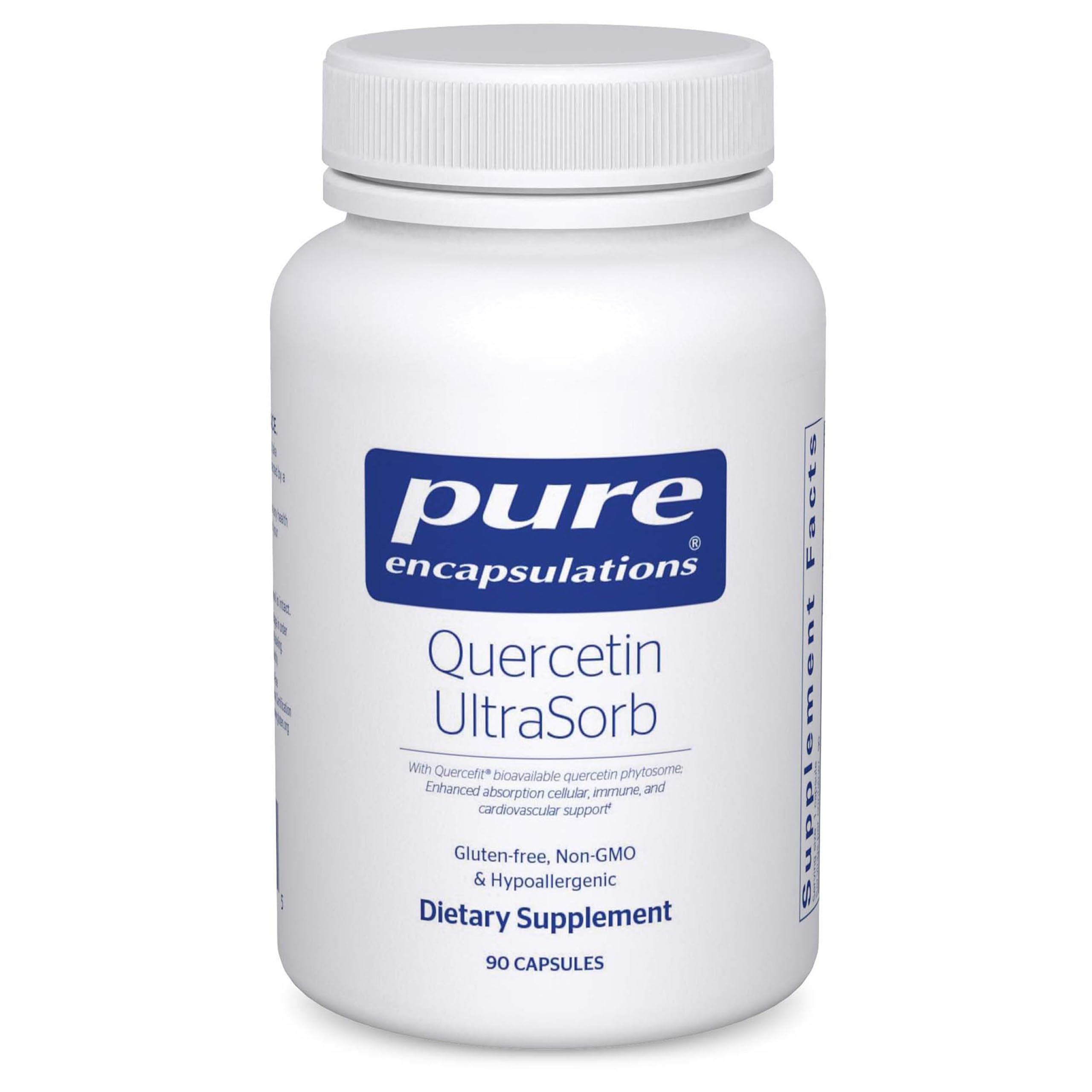 Pure Encapsulations envase frontal mostrando quercetina y beneficio de pureza