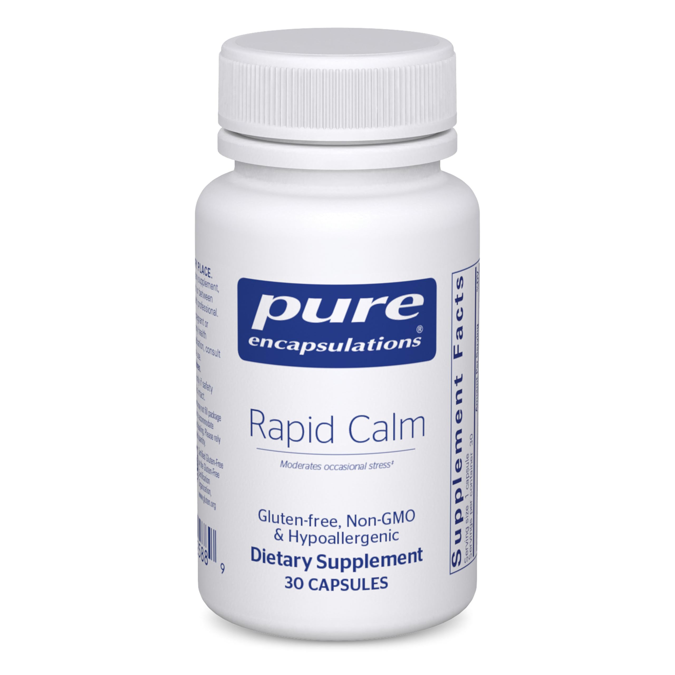 Pure Encapsulations envase frontal mostrando Rapid Calm y beneficios rápidos