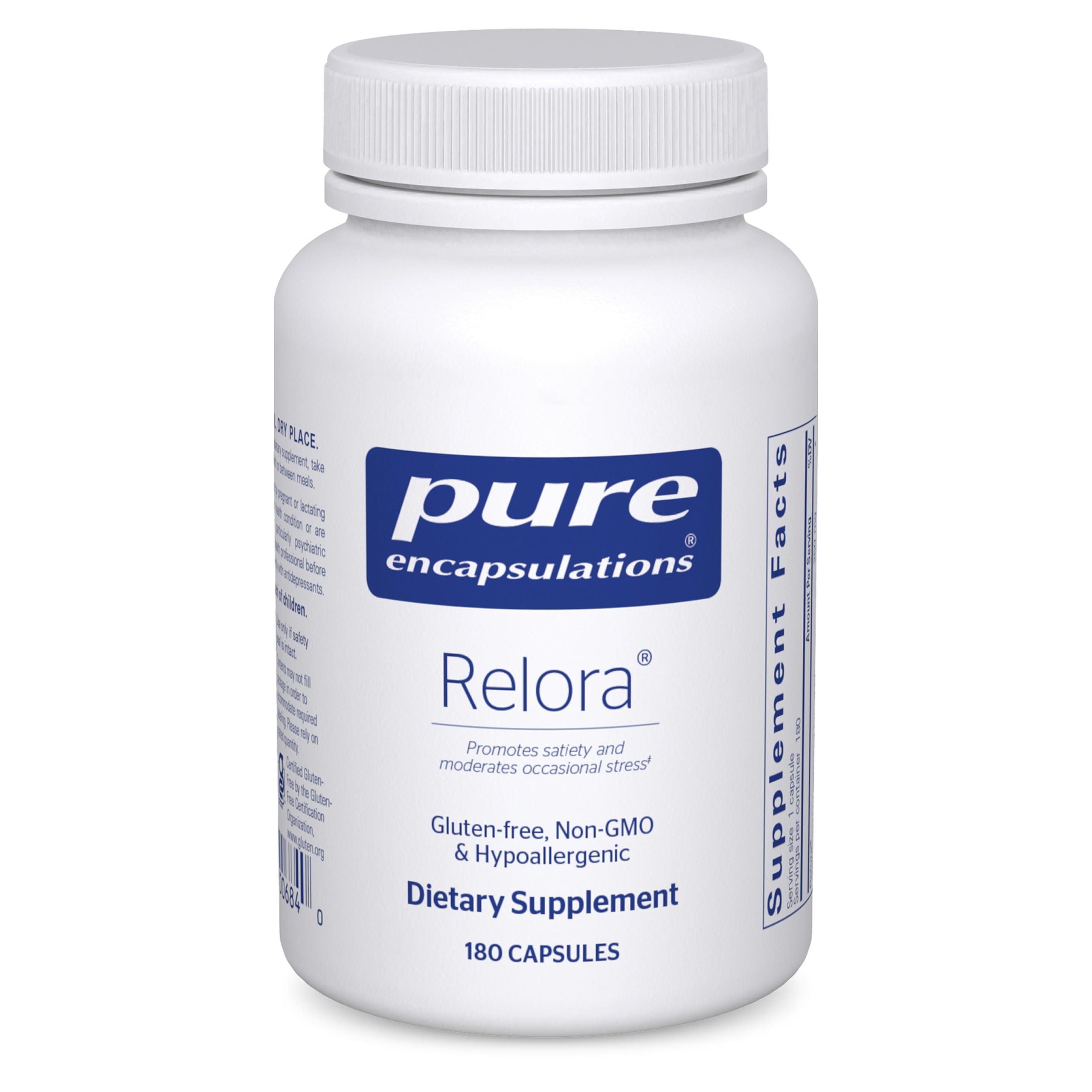 Pure Encapsulations frasco frontal de Relora mostrando diseño claro y limpieza