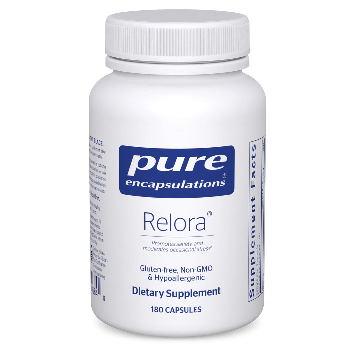 Pure Encapsulations frasco frontal de Relora mostrando diseño claro y limpieza