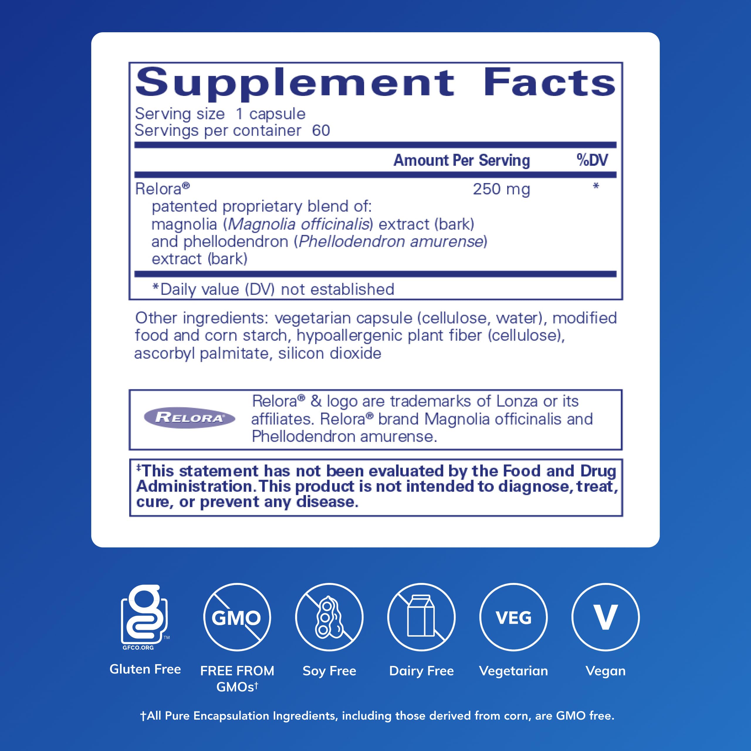 Pure Encapsulations Relora etiqueta lateral detallada con información de ingredientes y pureza