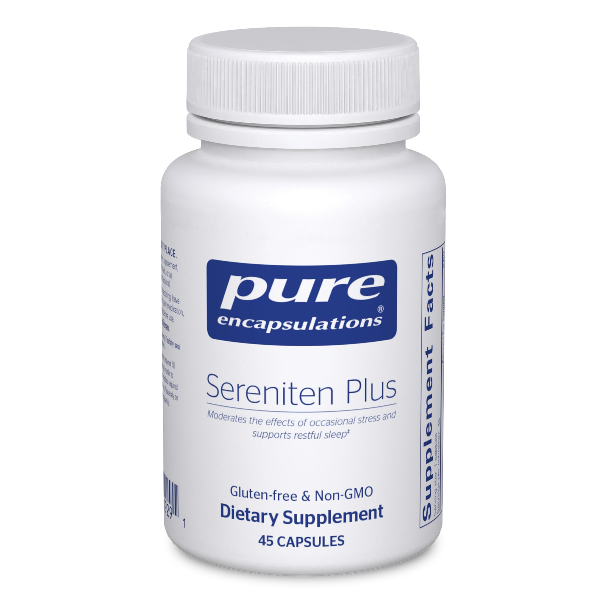 Pure Encapsulations Sereniten Plus vista frontal, envase claro para confianza