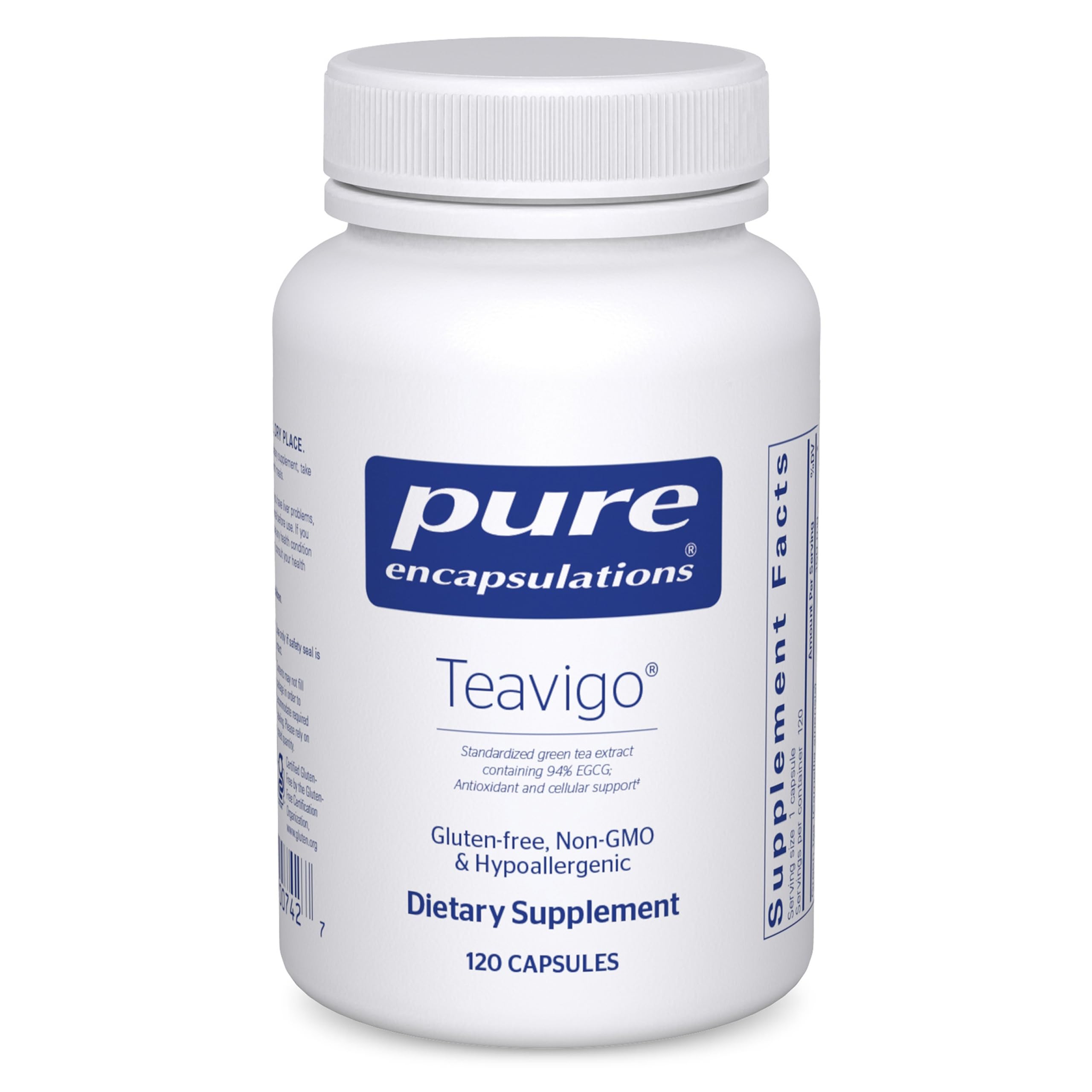 Pure Encapsulations Teavigo frasco frontal mostrando diseño y cantidad