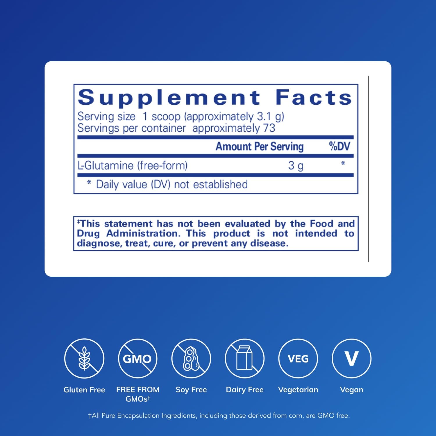 Primer plano del polvo de L-glutamina Pure Encapsulations mostrando textura fina
