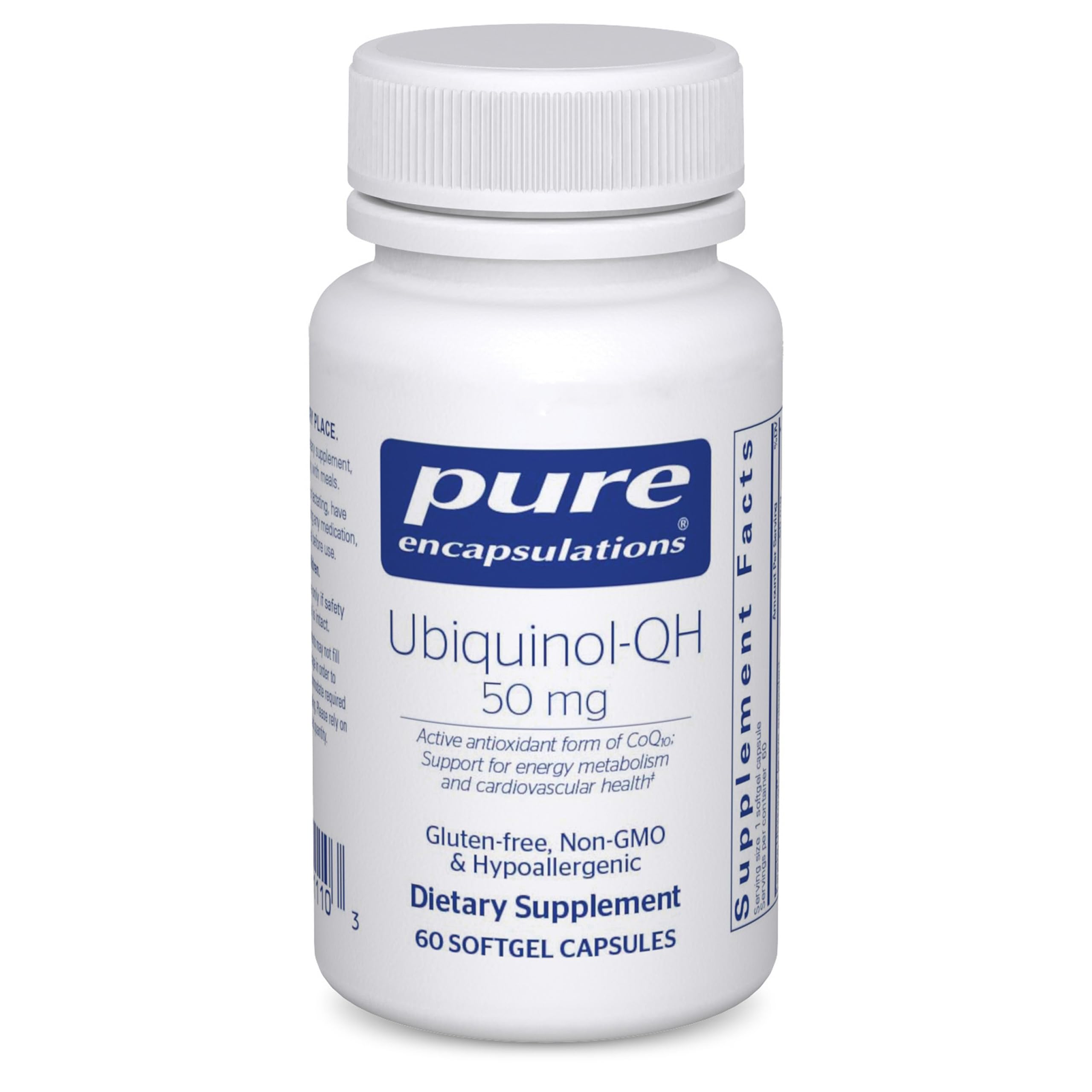 Pure Encapsulations frasco frontal de Ubiquinol‑QH mostrando etiqueta clara y beneficio de energía