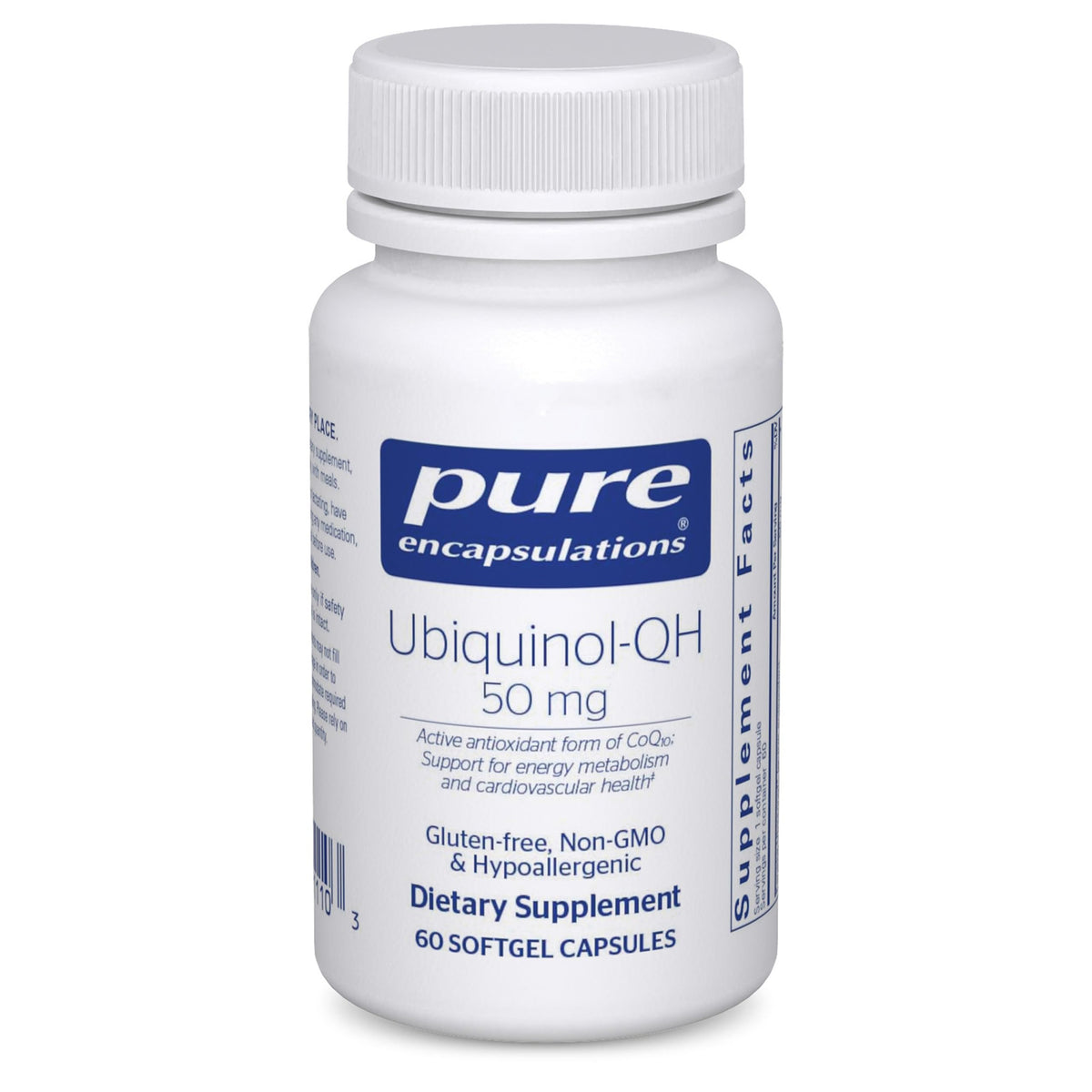 Pure Encapsulations frasco frontal de Ubiquinol‑QH mostrando etiqueta clara y beneficio de energía