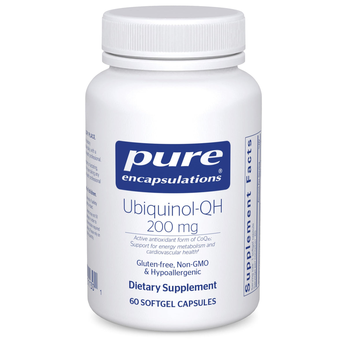 Pure Encapsulations frasco frontal mostrando ubiquinol 200 mg y beneficios