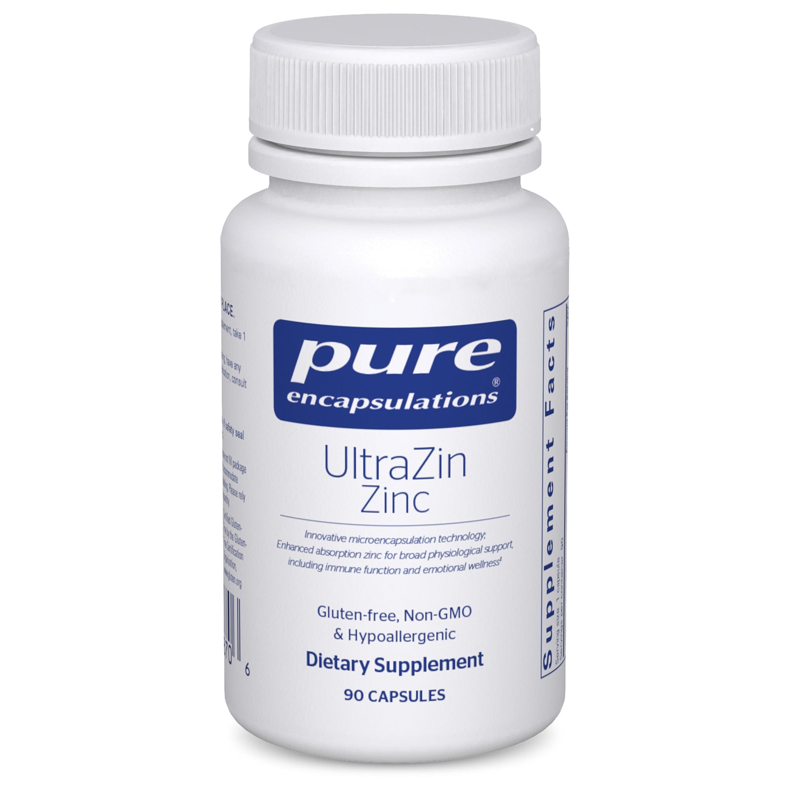 Pure Encapsulations frasco frontal mostrando 90 cápsulas y beneficio de pureza