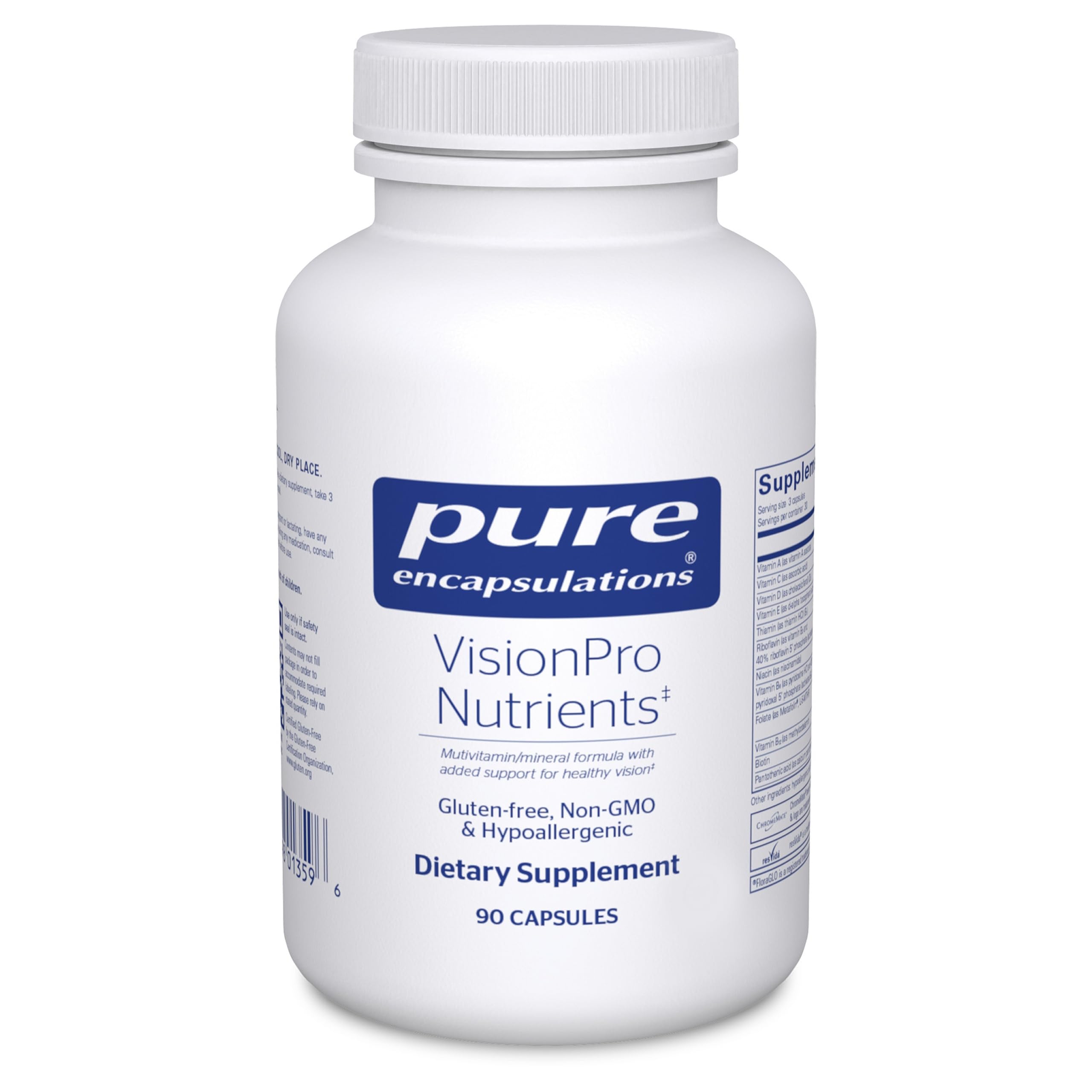 Pure Encapsulations empaque frontal mostrando diseño y beneficios para visión