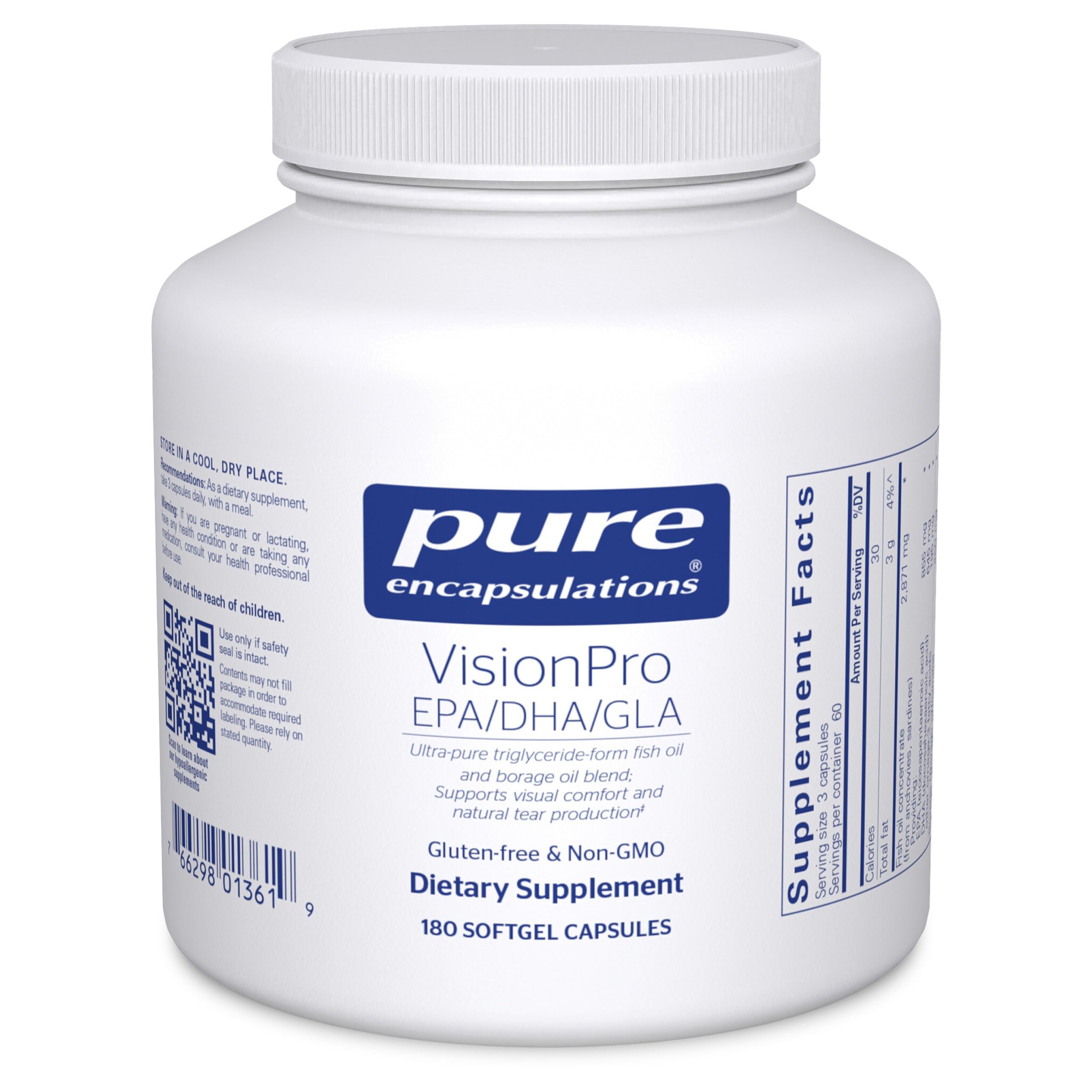 Pure Encapsulations frasco VisionPro frontal, muestra presentación y pureza