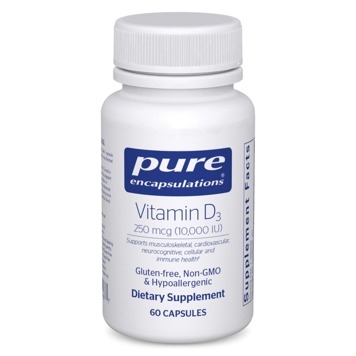 Pure Encapsulations envase frontal de Vitamin D3 mostrando marca y dosis, confianza en calidad