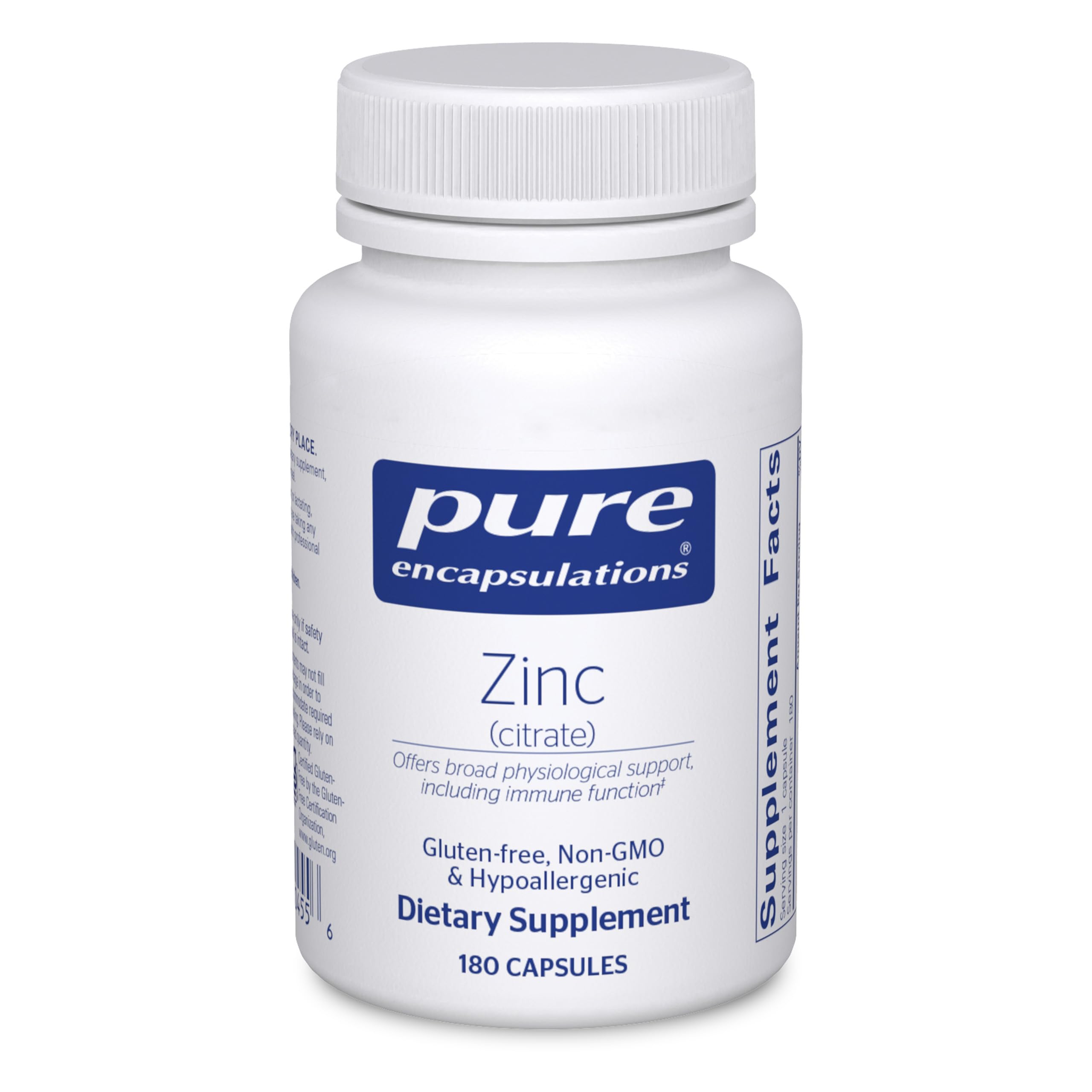 Pure Encapsulations frasco frontal mostrando 180 cápsulas y etiqueta clara beneficio pureza