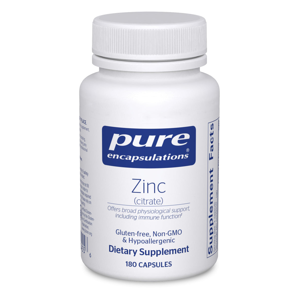 Pure Encapsulations frasco frontal mostrando 180 cápsulas y etiqueta clara beneficio pureza