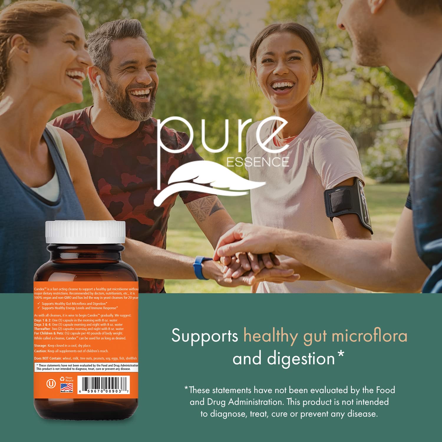 Pure Essence Candex etiqueta con lista de ingredientes, transparencia y calidad del producto
