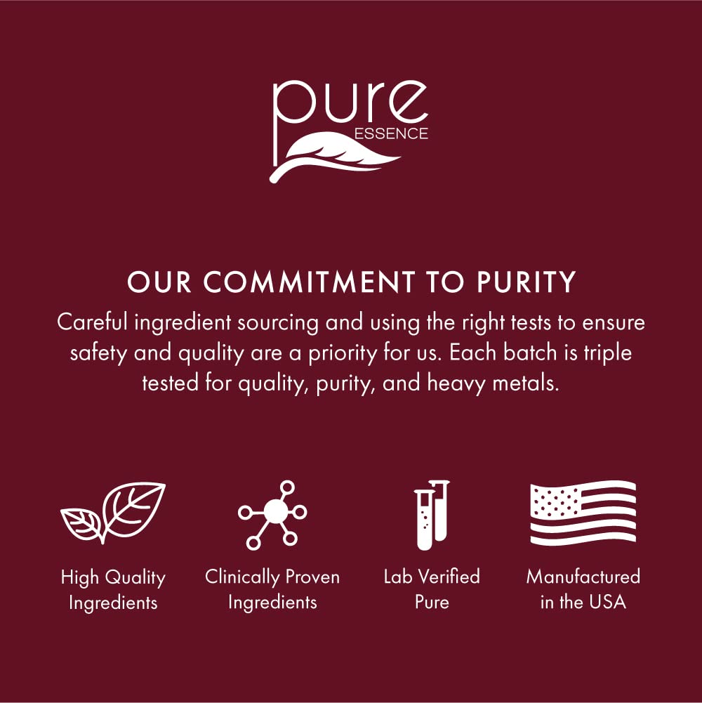 PURE ESSENCE LABS etiqueta con lista de ingredientes y sellos de calidad visibles