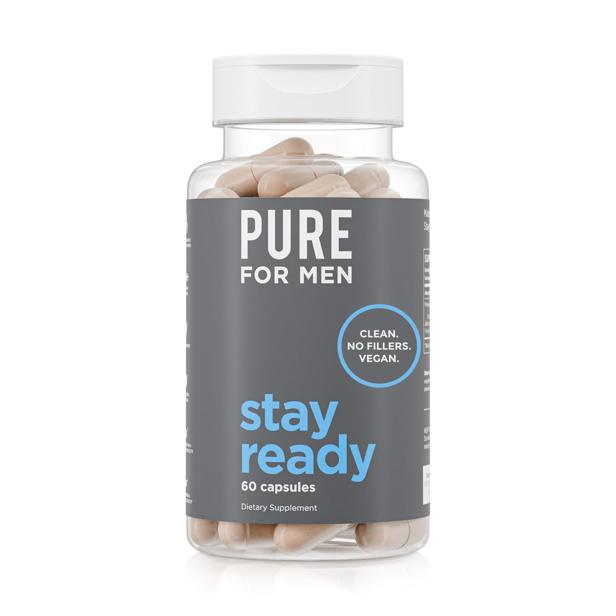 Pure for Men botella frontal que muestra cápsulas y refuerzo de regularidad