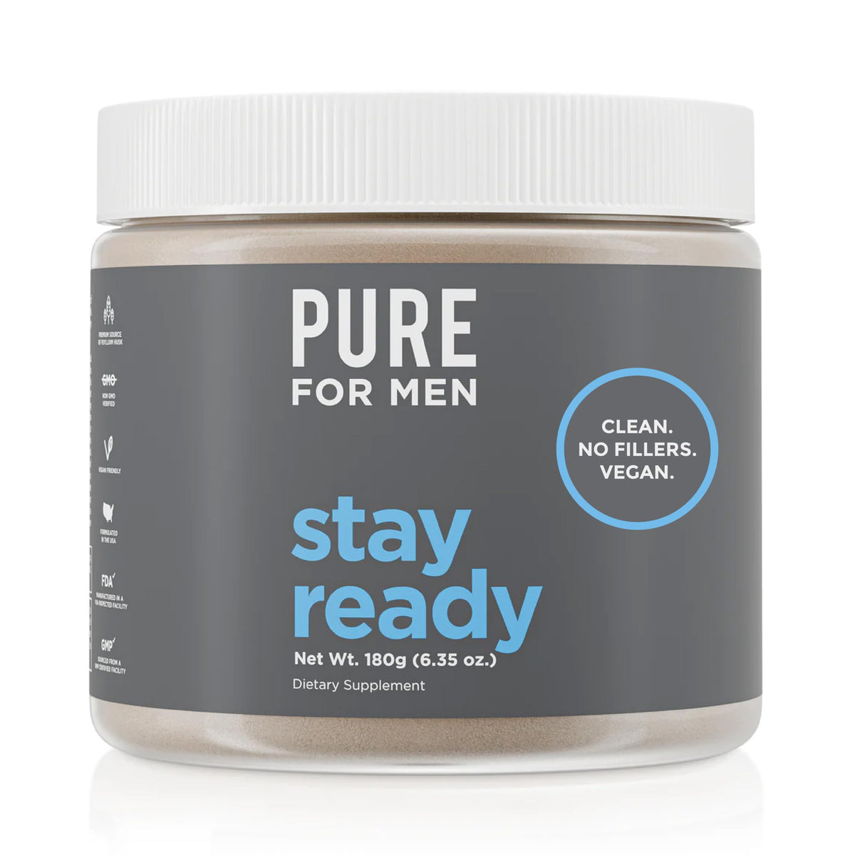 Pure for Men envase frontal mostrando la fórmula vegana y beneficios
