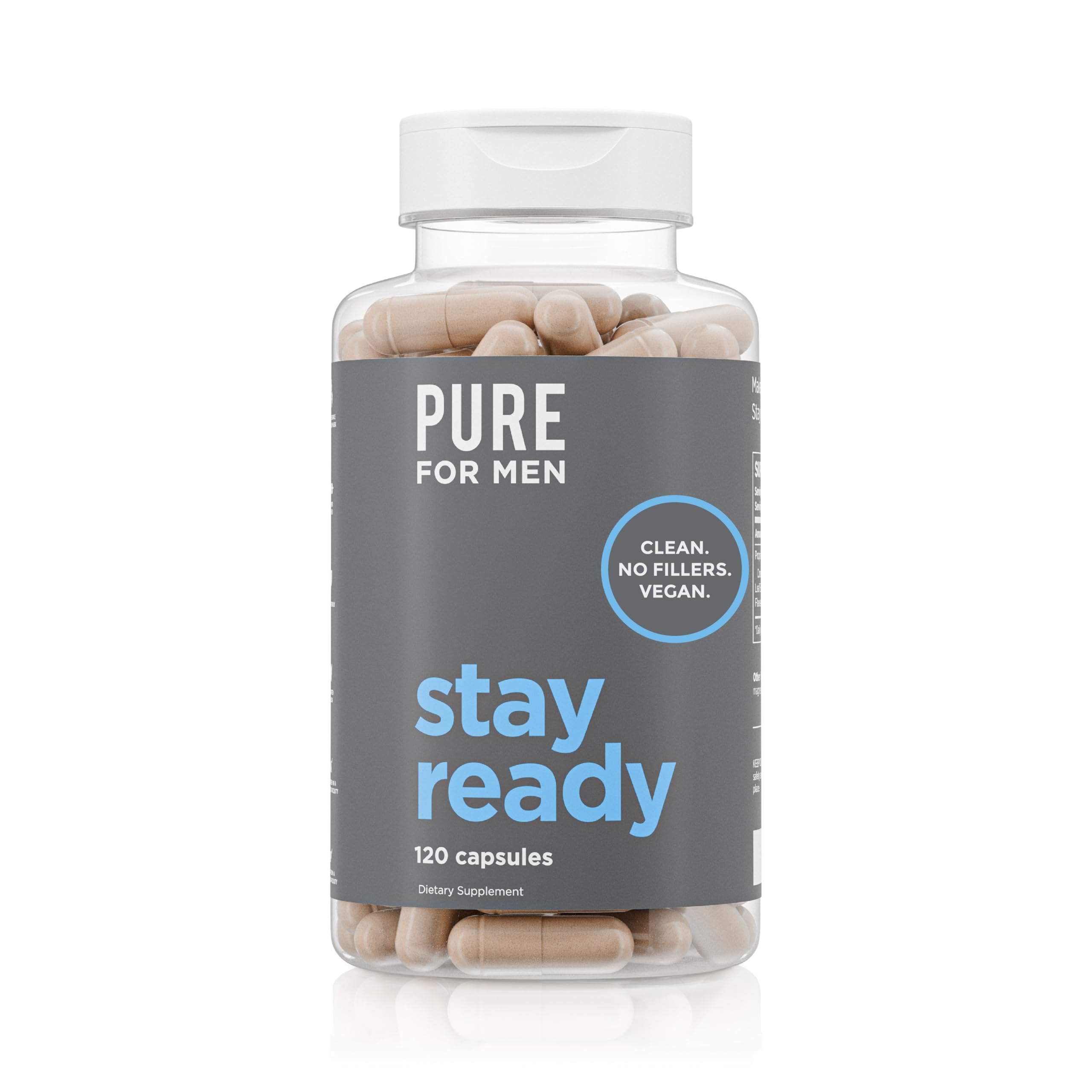 Pure for Men frasco frontal mostrando etiqueta y beneficios