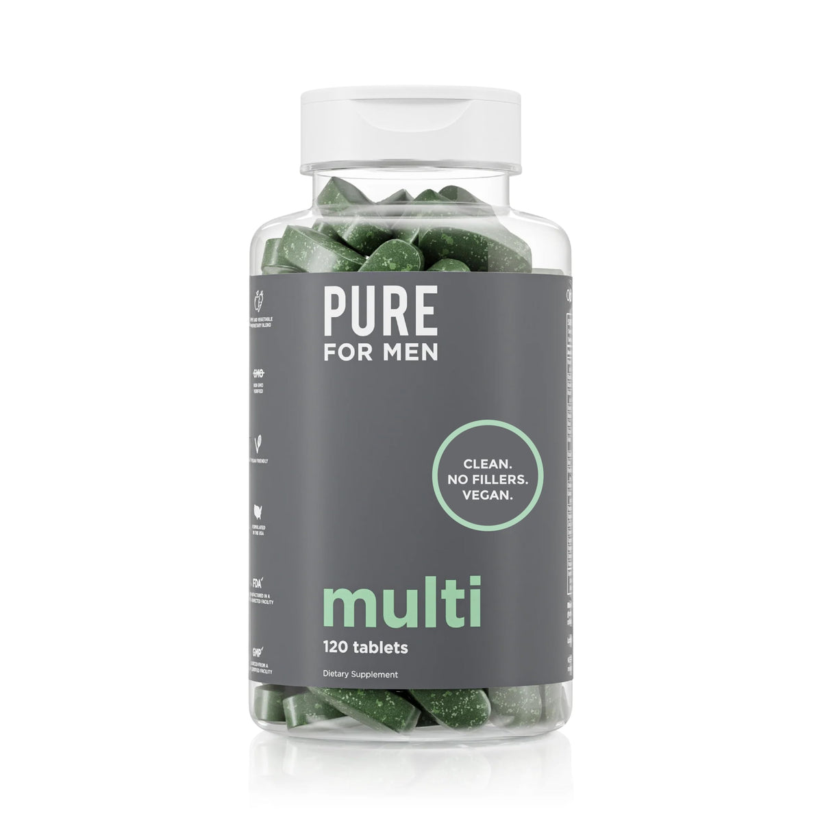 Pure for Men envase frontal mostrando la etiqueta y beneficios