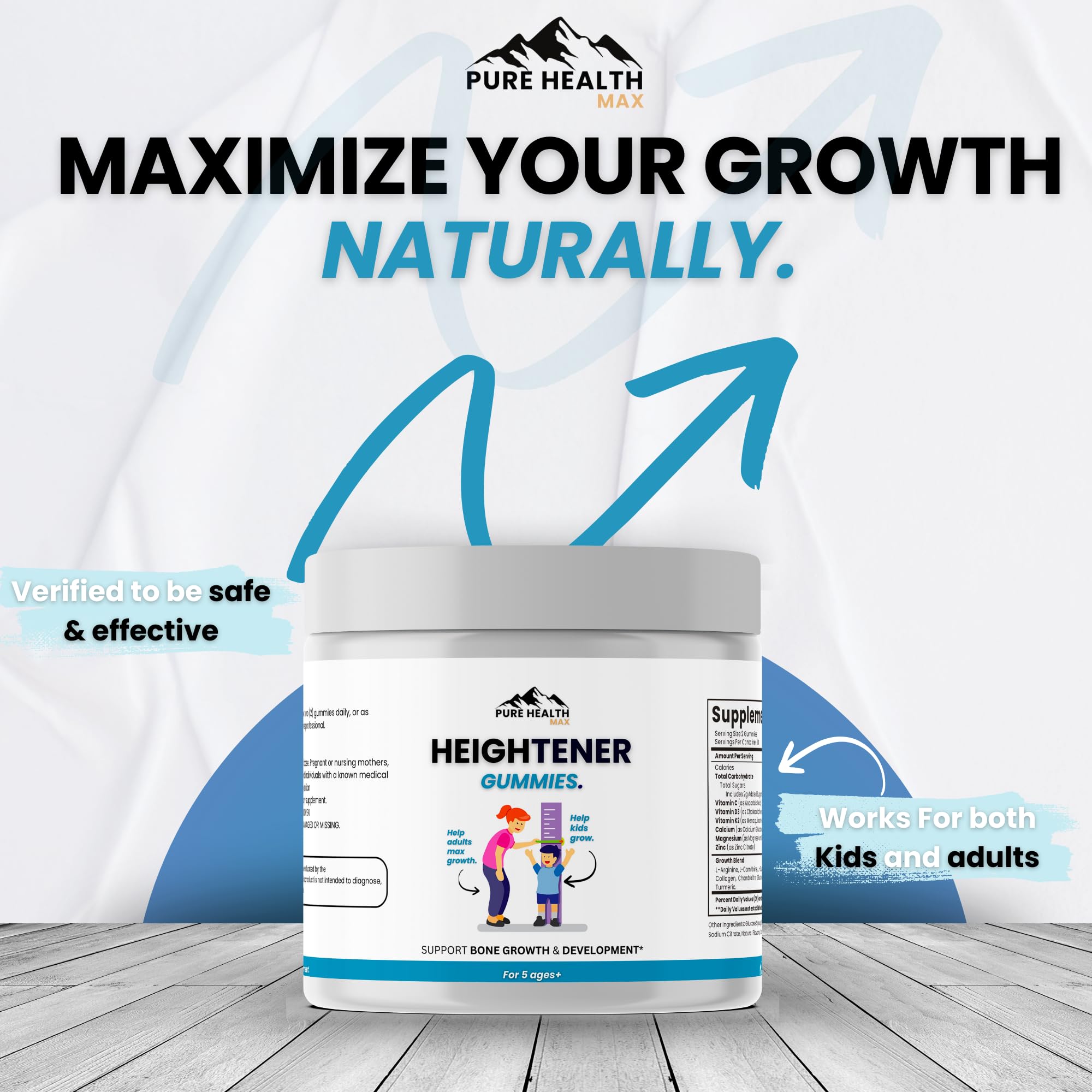 PURE HEALTH MAX enfoque en calcio y zinc resaltando beneficio para huesos fuertes