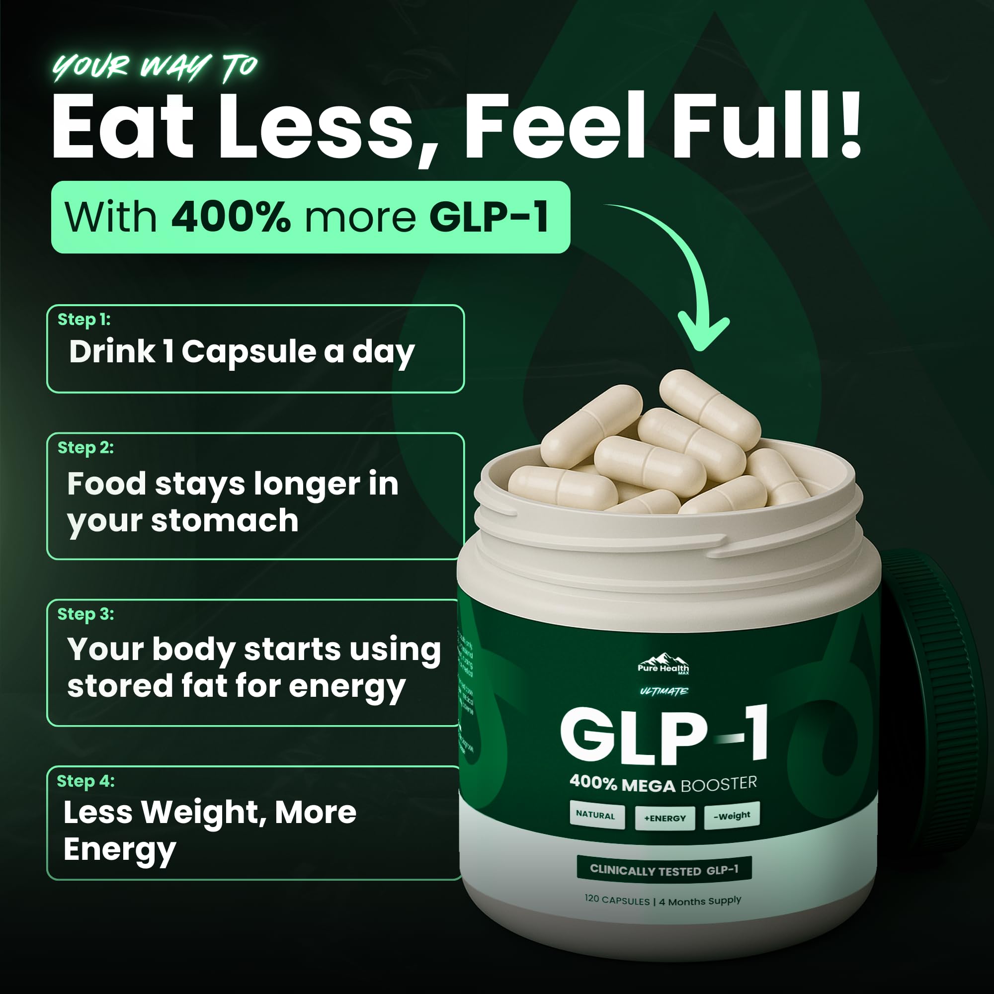 PURE HEALTH MAX frasco abierto con cápsulas listo para uso diario