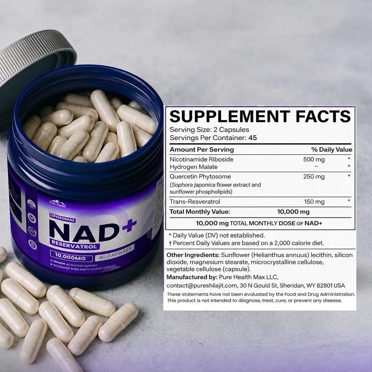 PURE HEALTH MAX caja y frasco indicando 90 cápsulas y suministro mensual