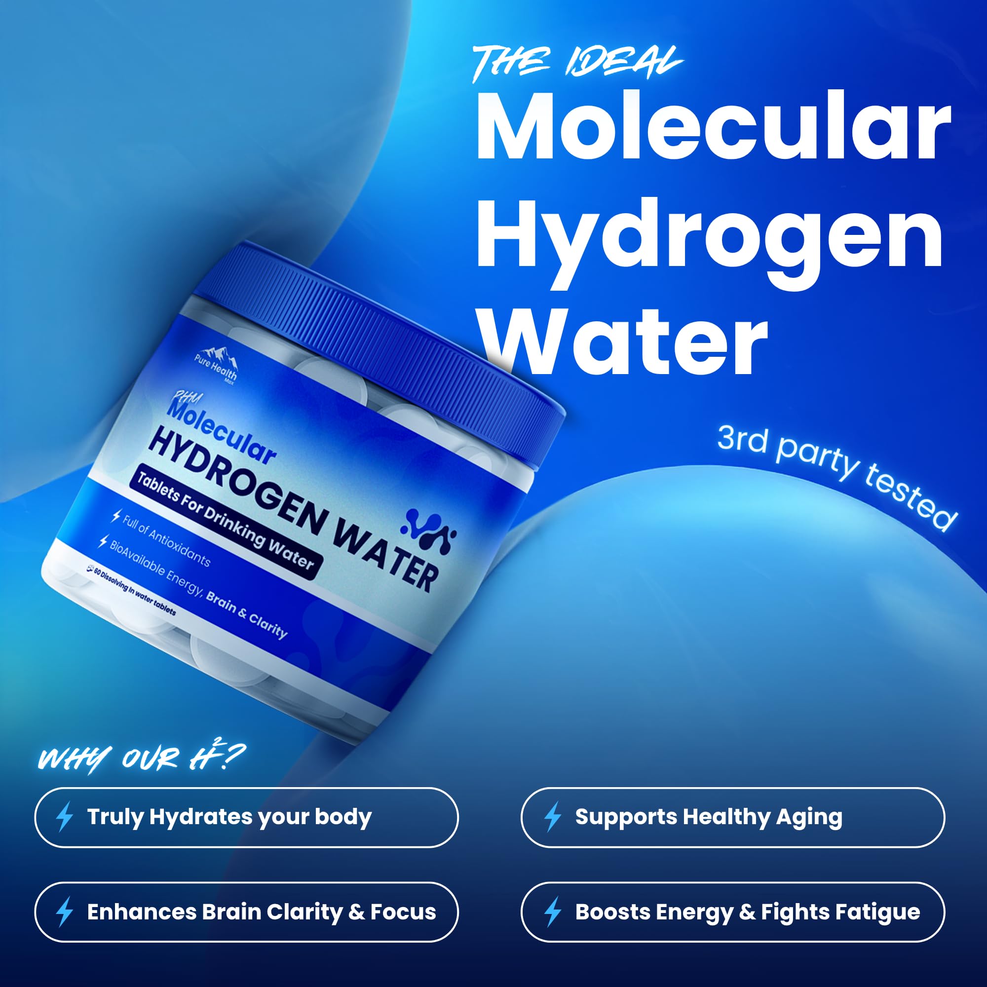 PURE HEALTH MAX tableta disolviéndose en agua con efervescencia para hidratación rápida