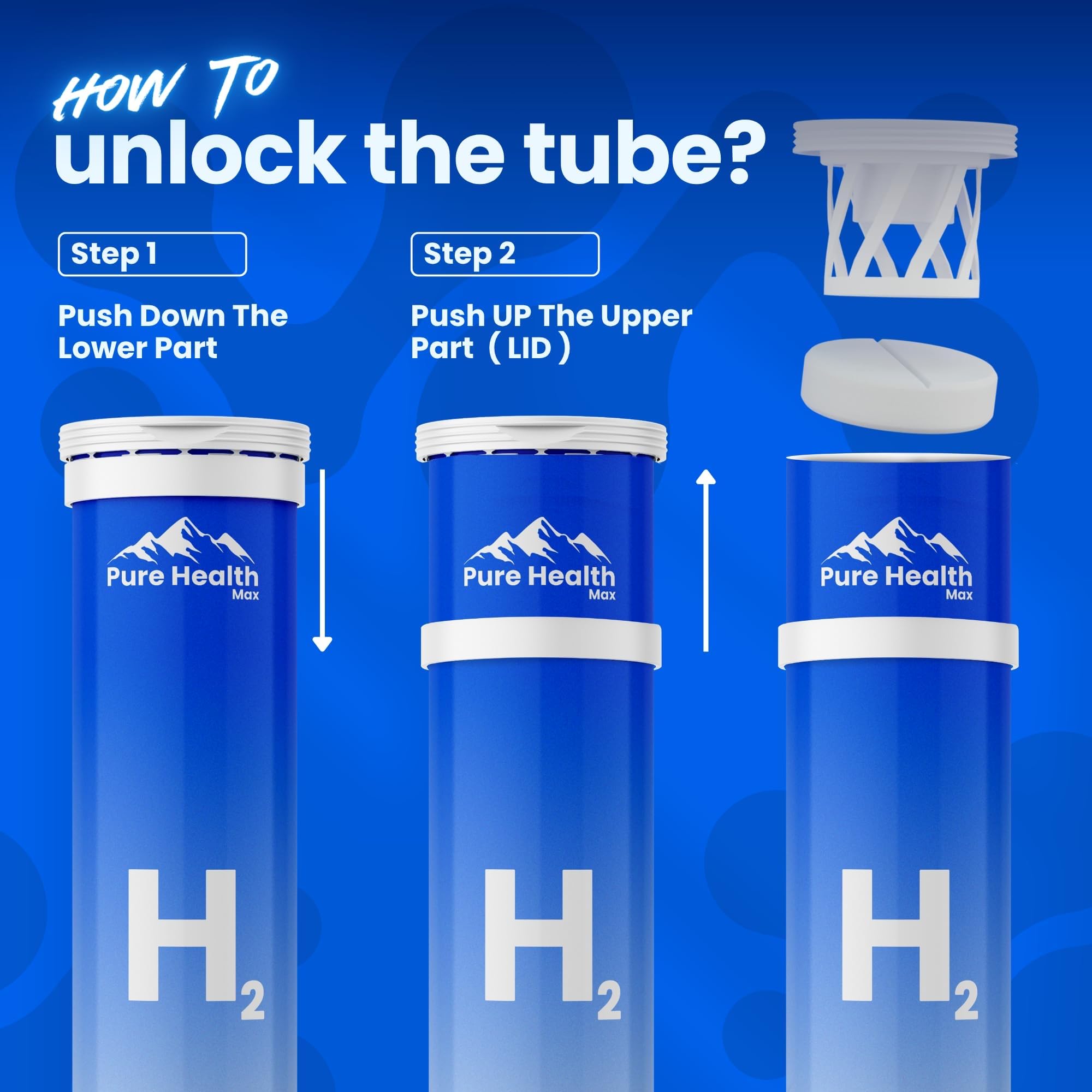 PURE HEALTH MAX comparación de tamaño del bote junto a una botella estándar