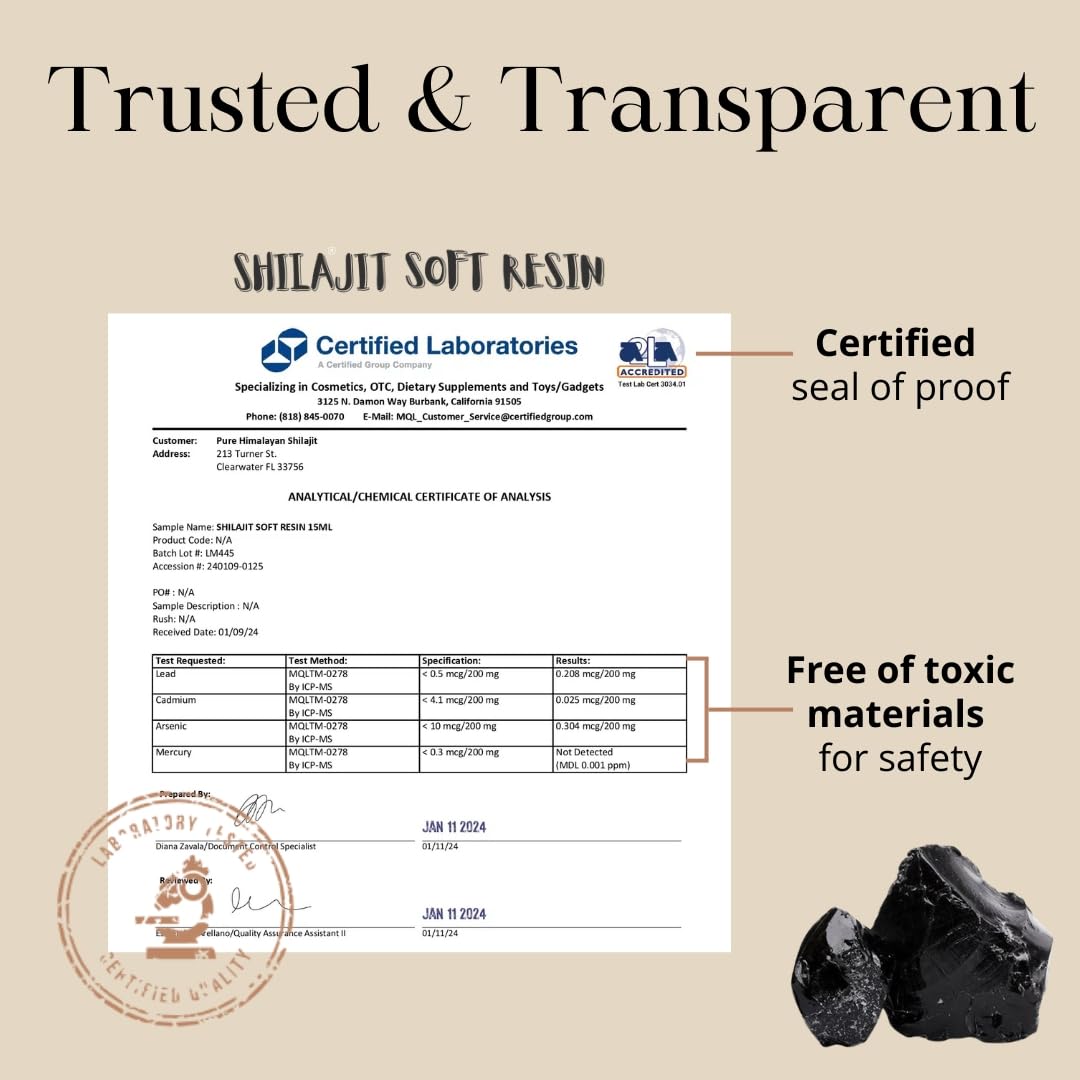 Pure Himalayan Shilajit etiqueta informativa con datos y análisis de laboratorio